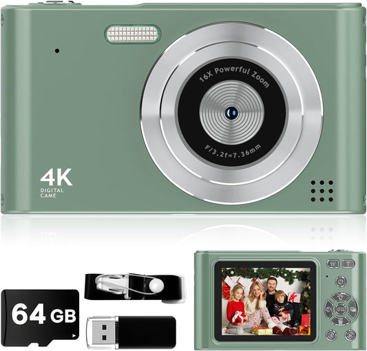 2025 Digital Camera - 1080P Vlog Camera, 44MP Compact, 16X Zoom, Anti-Shake, Green Gift for Kids