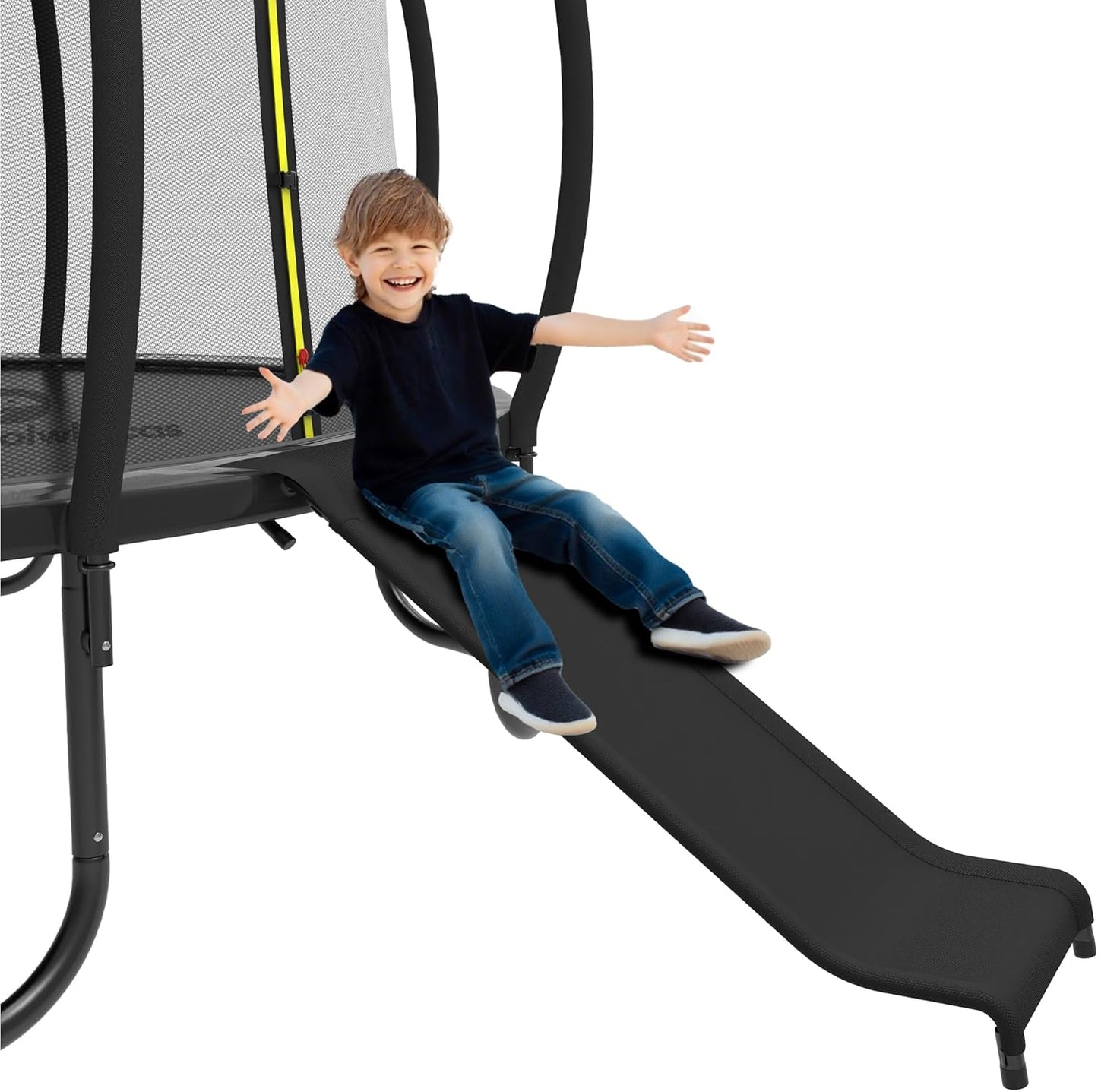 Universal Trampoline Slide with Buffer Region, Heavy Duty Steel Trampoline Accessory, for 8 10 12 14 15 16FT Trampoline, Ideal for Children or Kids to Climb up and Slide Down. (Black)