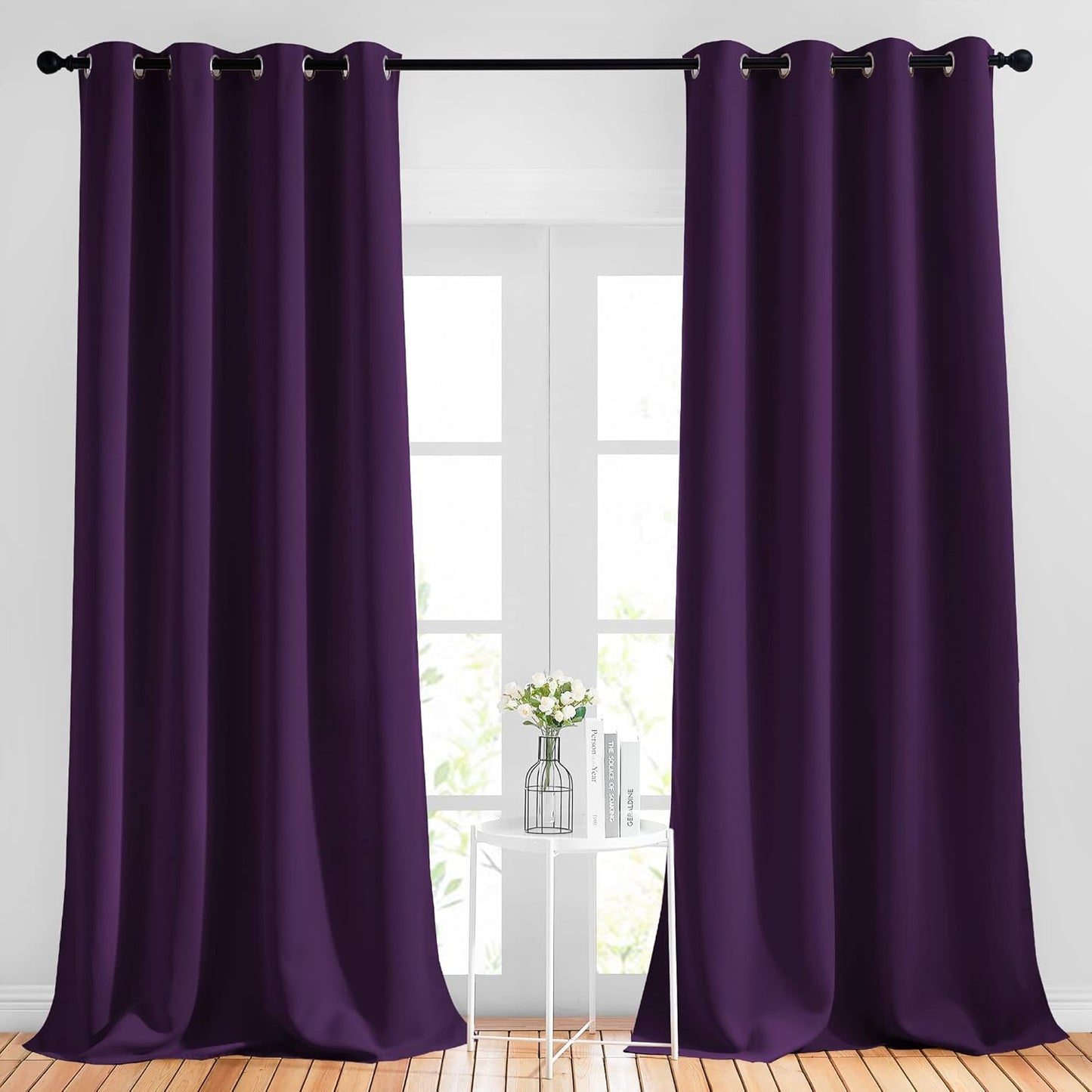 NICETOWN Blackout Royal Purple Curtains 90 inch Length - Triple Weave Energy Saving Thermal Insulated Solid Grommet Blackout Draperies for Bedroom/Living Room (1 Pair, W52 x L90)