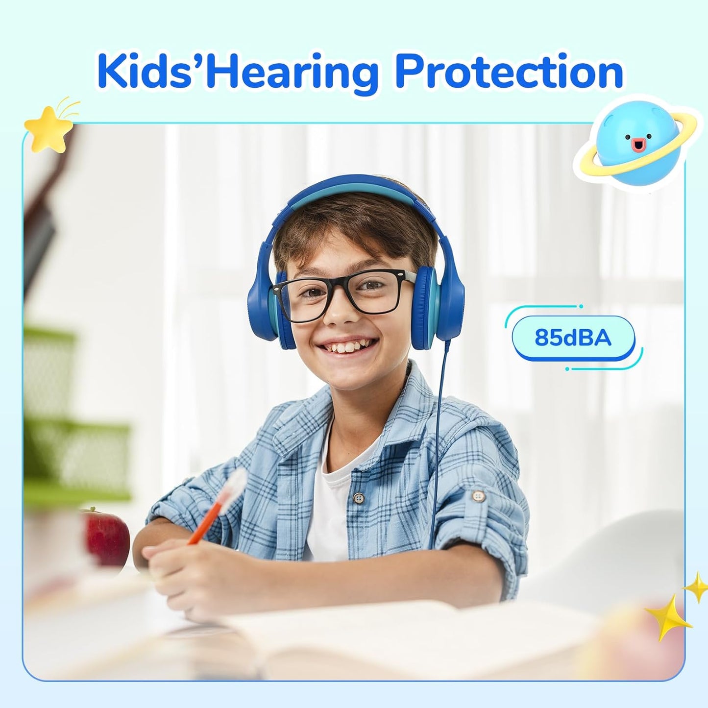 EarFun K3 Kids Headphones, Over Ear Headphones for Kids, Volume Limit, HD Stereo Sound, USB-C Cable, Comfortable Fit, Foldable Wired Headphones for School/Travel/Boys/Girls/Tablet/iPad, Blue