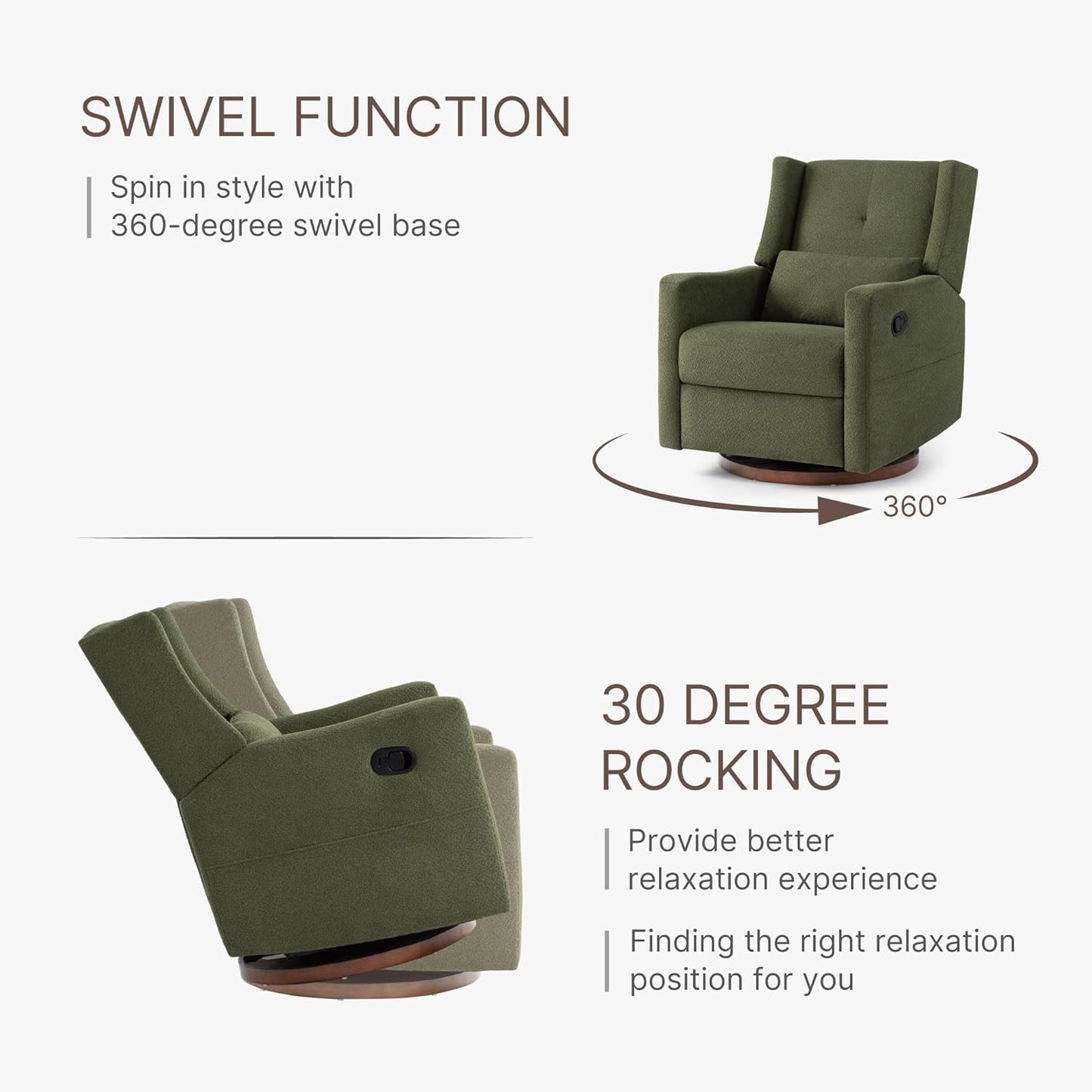 Upholstered Recliner Swivel Glider Nursery Chair Reclining Performance Fabric Rocker with Wood Base,Boucle,Moss Green