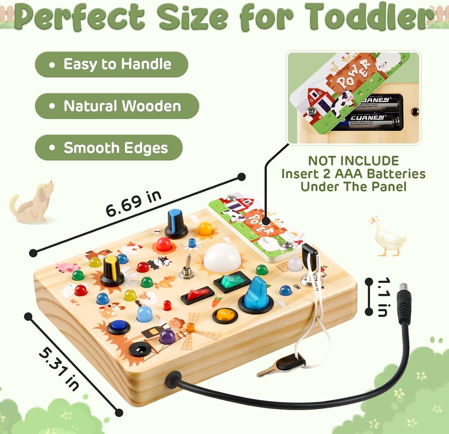 Joyreal Montessori Busy Board Wooden Sensory Toys for Toddler with LED Light Up Switch, Baby Fidget Board Travel Toys for 18+ Months, 1 2 3 Year Old Boys Girls Toddler Toy Gifts (Farm)