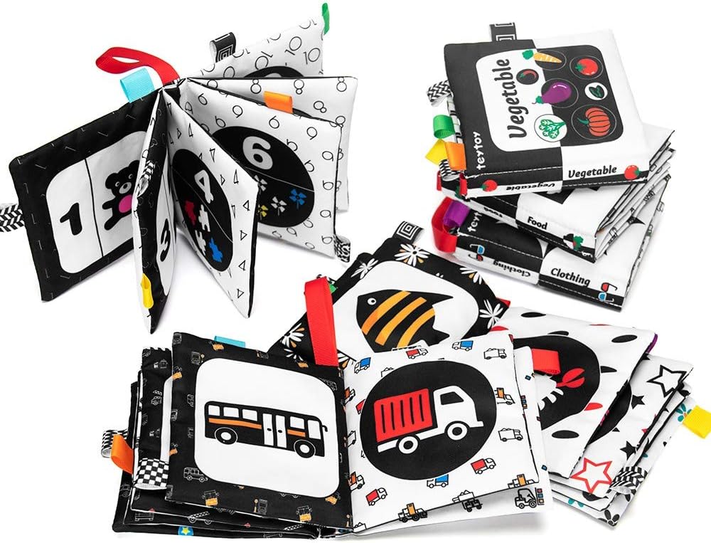 teytoy Baby Soft Cloth Book Set 6 PCS, Black and White High Contrast Baby Activity Crinkle Books for 0 3 6 9 12 Months Newborn Infants Babies Boys and Girls Early Educational Learning Toys