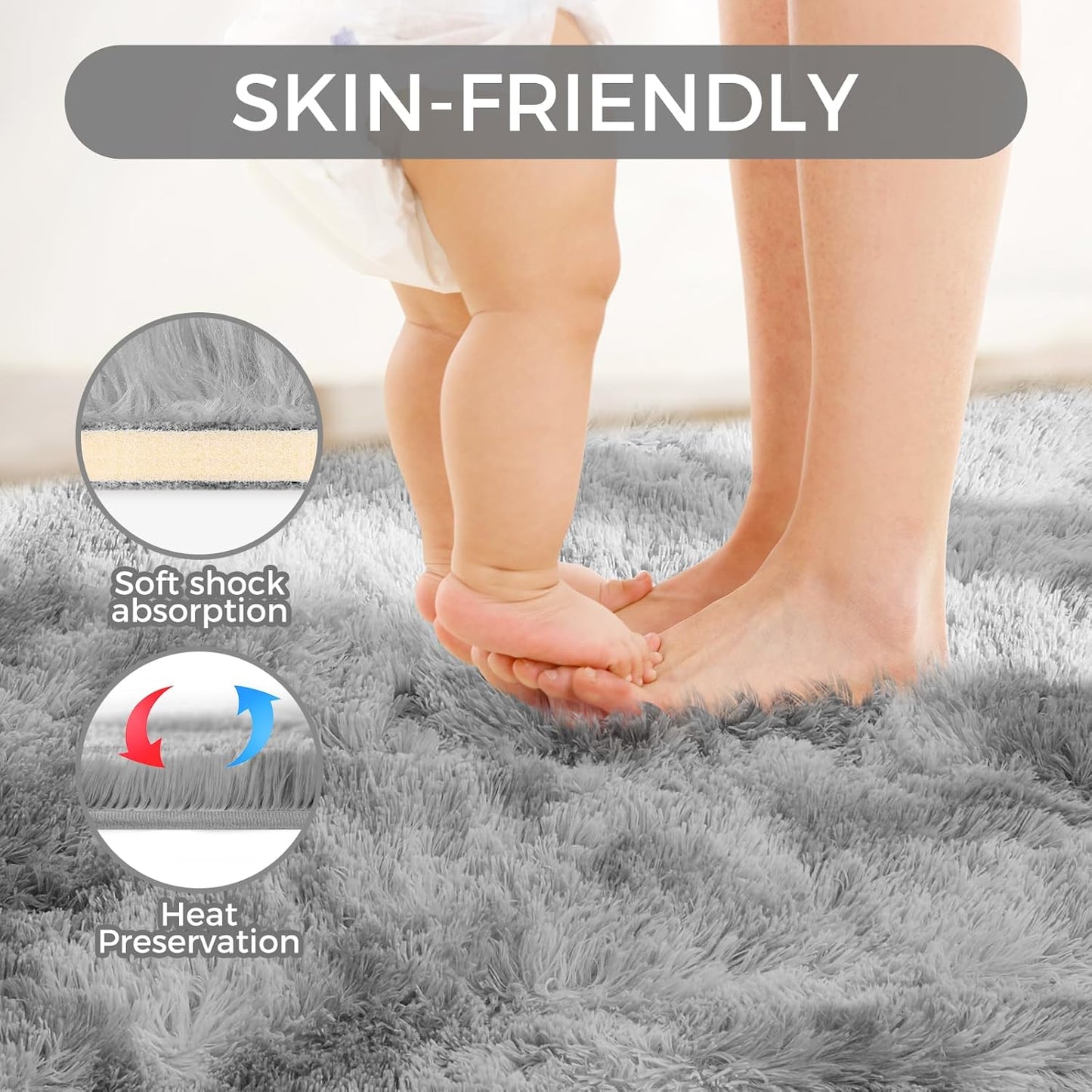 Ultra Soft Rug for Living Room, 9X12 Fluffy Shag Area Rug for Bedroom, Modern Shaggy Carpets Fuzzy Rug for Teens Dorm Nursery Home Decor Aesthetic, Upgrade Anti-Skid Durable, Tie-Dyed Light Grey