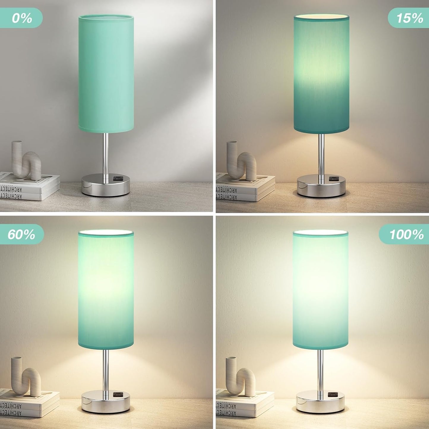 Teal Touch Bedside Lamps for Bedroom - Small Coastal Nightstand Lamp with USB-C and USB A Charging Ports, 3 Way Dimmable Control Table Lamp for Office, Dorm with Fabric Shade Silver Base