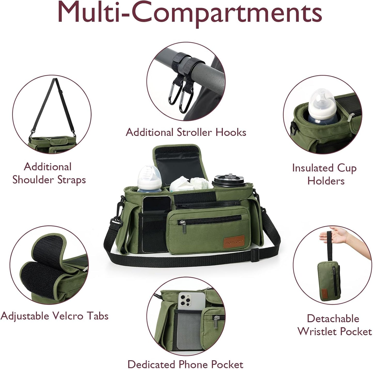 Momcozy Universal Stroller Organizer with Insulated Cup Holder Detachable Phone Bag & Shoulder Strap, Fits for Stroller like Uppababy, Baby Jogger, Britax, BOB, Umbrella and Pet Stroller