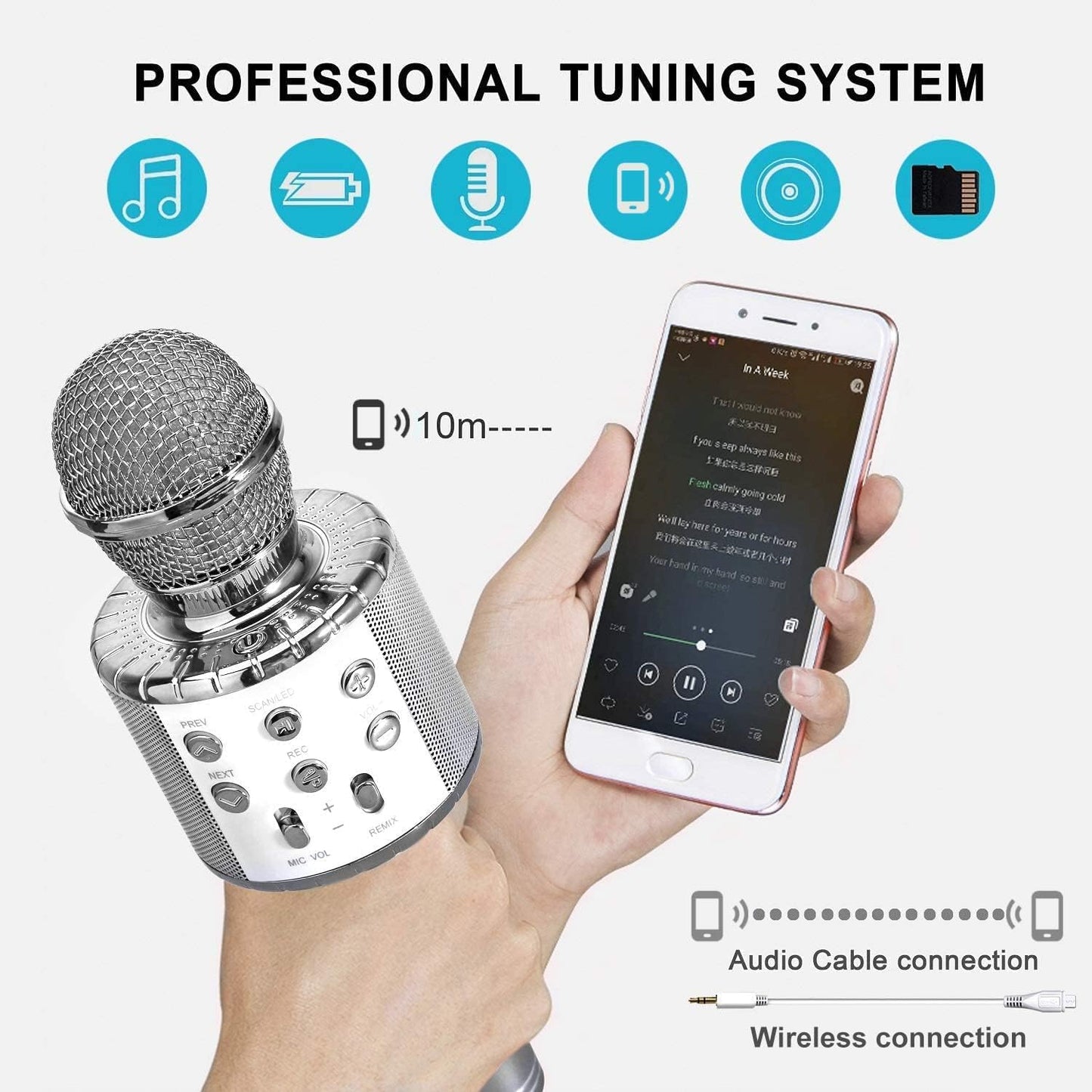 BlueFire 4 in 1 Karaoke Wireless Microphone with LED Lights, Portable Microphone for Kids, Great Gifts Toys for Kids, Girls, Boys and Adults (Silver)