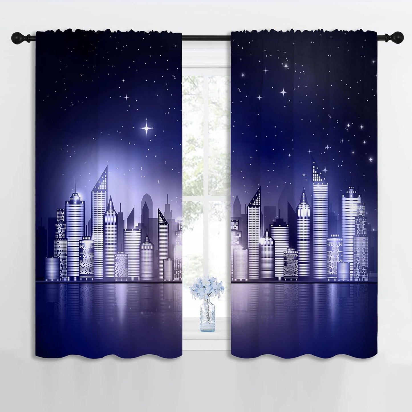 City Rod Pocket Blackout Curtains for Boy Girl Bedroom, New York Skyline Modern City Starry Sky Night View Home Energy Efficient Light Filtering Window Curtain for Living Room, 42x63 inch
