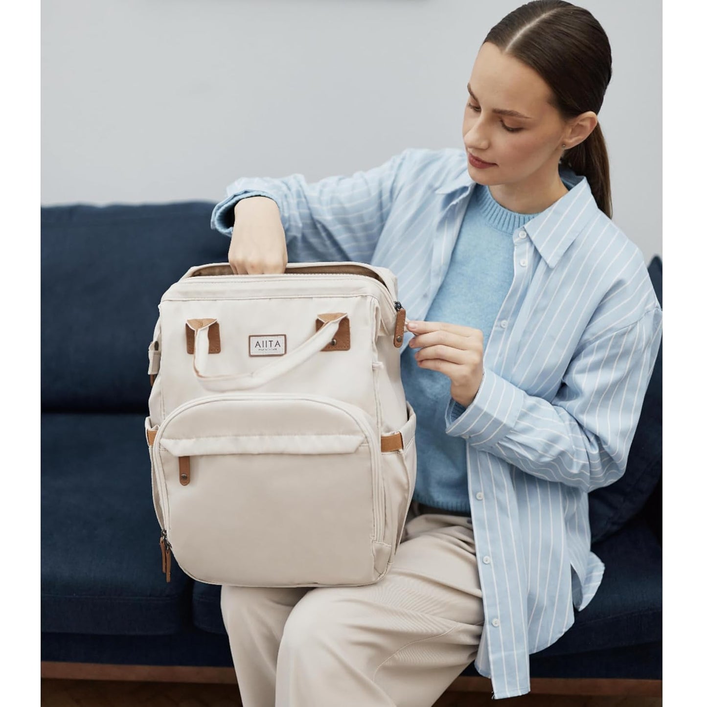 Diaper Bag Backpack, Multifunction Diaper Bag with Changing Station, Stylish Baby Bags, Large Unisex Diaper Backpack for Mom and Dad, Baby Registry Search, Portable Changing Pad – White Beige