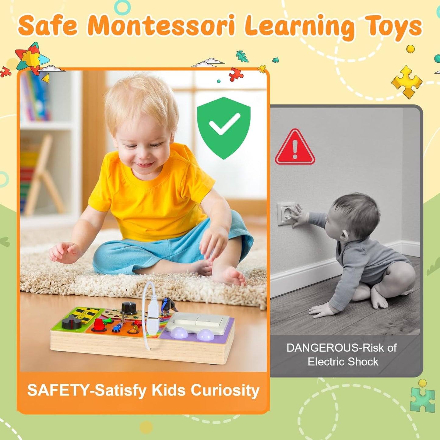 Busy Board Montessori Toys Wooden Sensory Board with 19 LED Light, Switch, Button Travel Activity Educational Learning Toddler Toys for 1-3 Year Old Boy and Girl