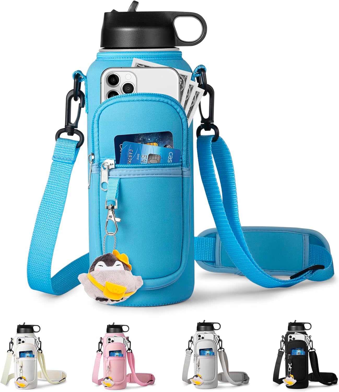 Water Bottle Holder with Strap for Hydroflask 32oz 40oz, Carrier Sling Bag with Phone Pocket Sleeve for Men Women Hiking Camping Travelling