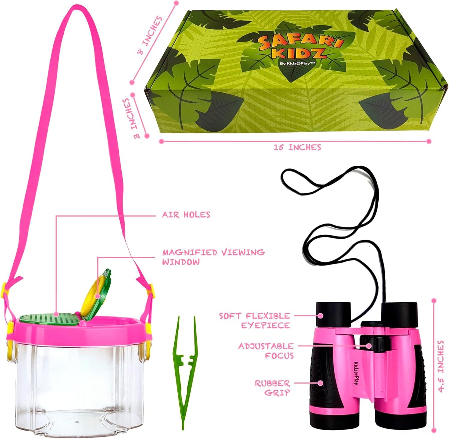 Bug Hunting Kit, Pink Safari Vest, Hat, Binoculars, Lg. Butterfly Net, Bug Container, Whistle, Flashlight, Magnifier, Thermostat, Compass, Age 3+