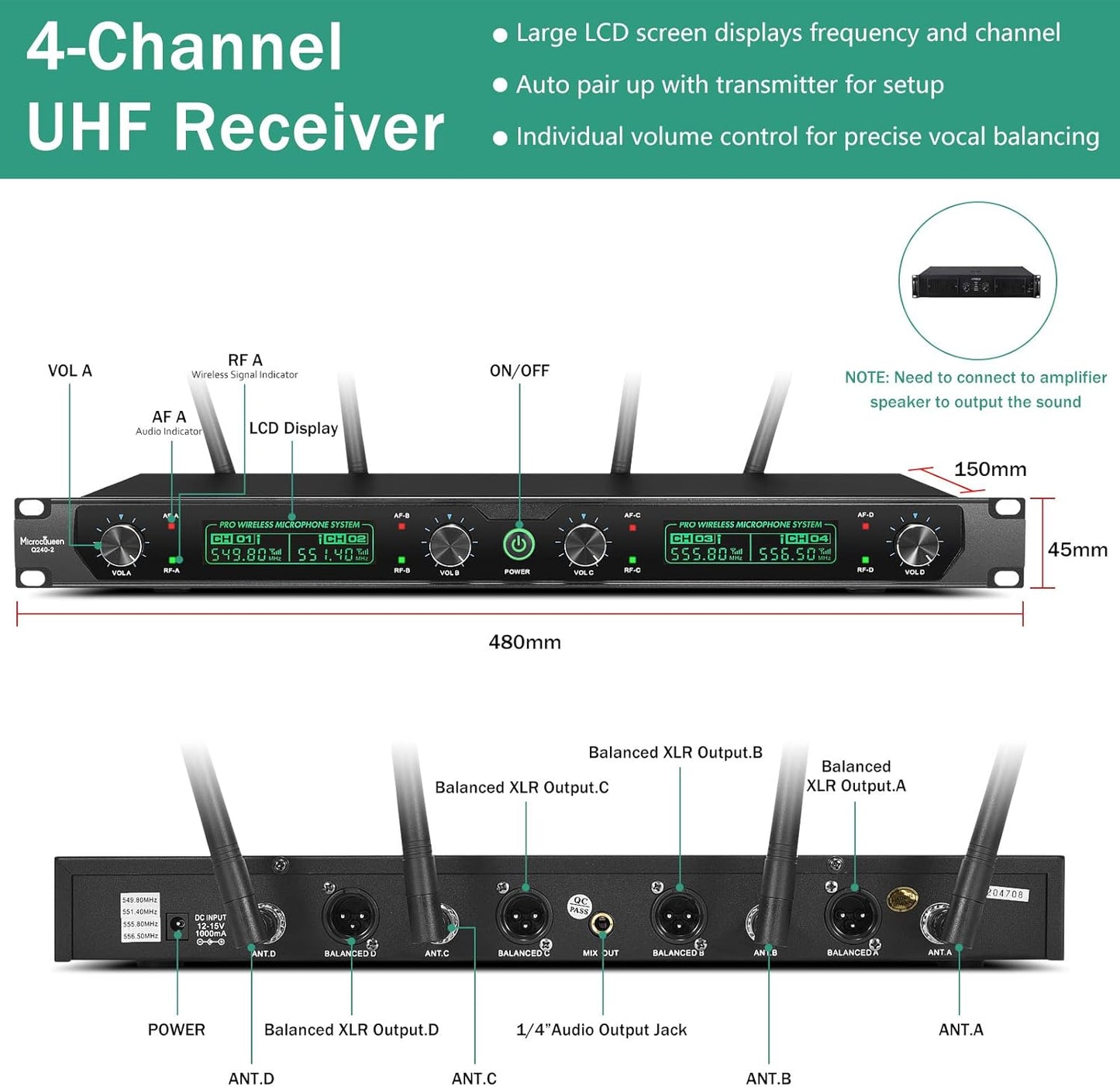 Wireless Microphone System, 4-Channel UHF Professional Mic, Auto Pairing Metal Cordless Mics with 2 Handheld & 2 Bodypack, 400ft Range, Ideal for Singing, Karaoke, Party, Wedding, Concert