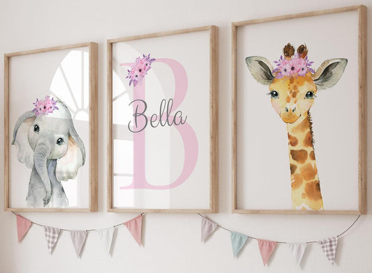 Personalized Safari Animals for Baby Girls Nursery, Set of 3 Unframed Poster Prints, Personalized Name Pink Lilac Floral, Girls Bedroom Decor, Elephant Giraffe (17x22)