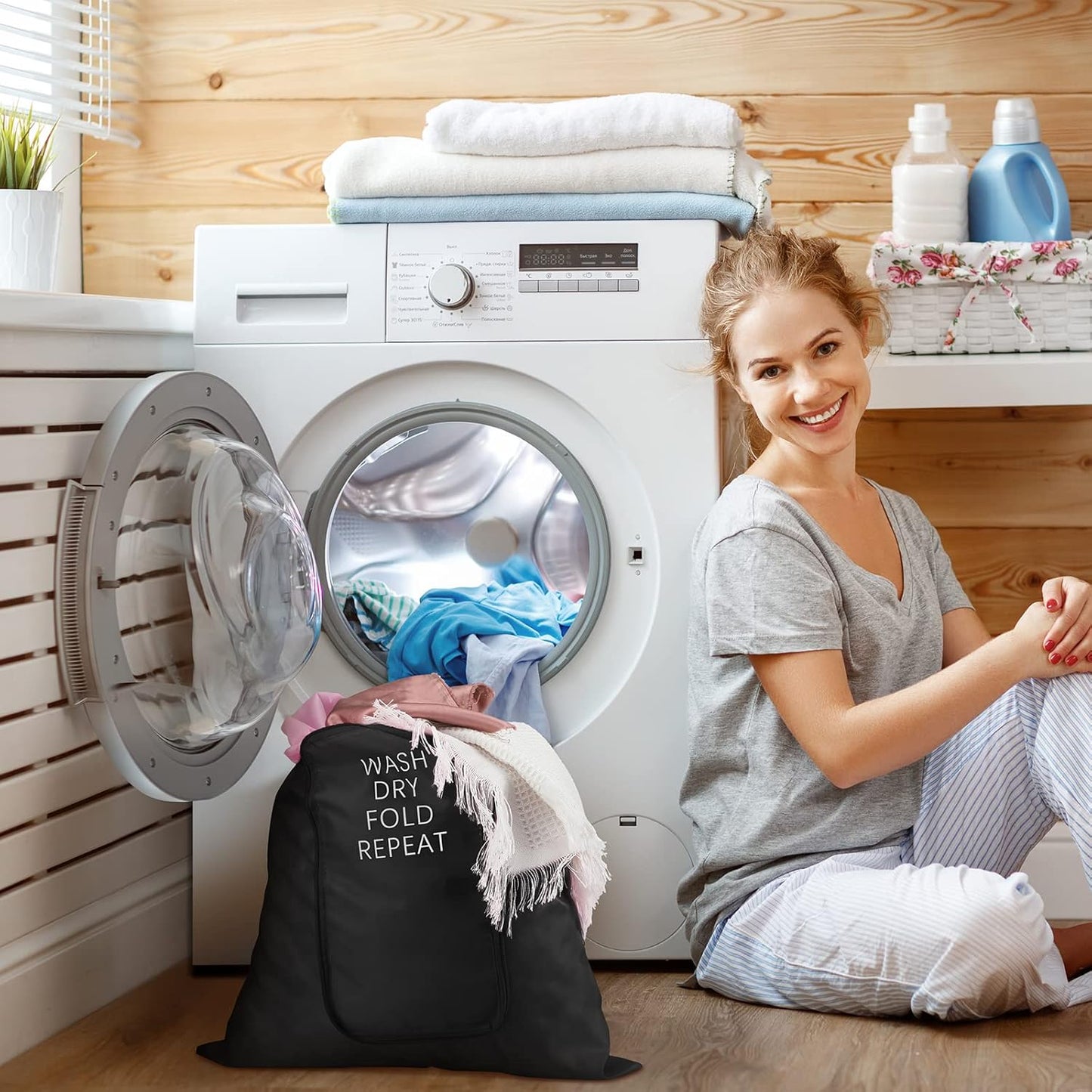 2 Pcs Travel Laundry Bag Washable Dirty Clothes Bag with Drawstring and Zipper for Suitcase, 22 x 18 Inch (Black,Classic)