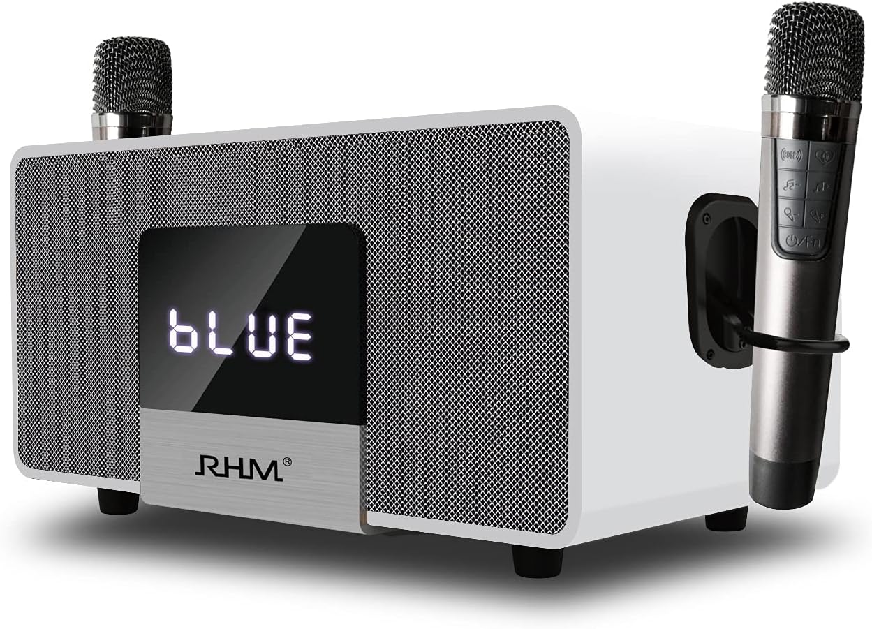 RHM K222 Karaoke Machine, Bluetooth Speaker with 2 UHF Wireless Microphones, 5 Music Modes, Support Optical, Bluetooth, AUX, USB, PC, Wooden Party Speaker for TV, Home Party, Karaoke, Meeting