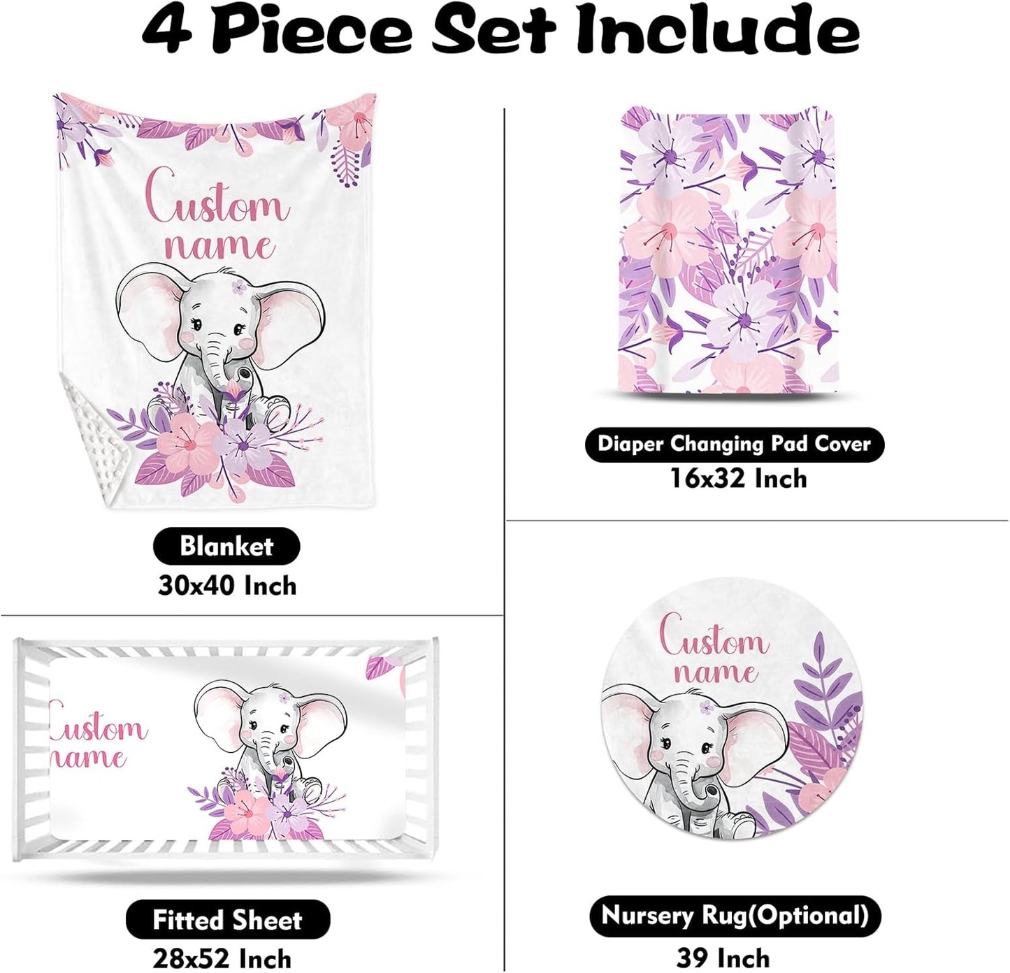 Custom Nursery Crib Bedding Set: Personalized Name 4 Piece Purple Flower Elephant Design Baby Crib Sets for Girls - Toddler Double Layer Blanket Set, Comfortable Crib Bed Sheets for Baby Toddlers