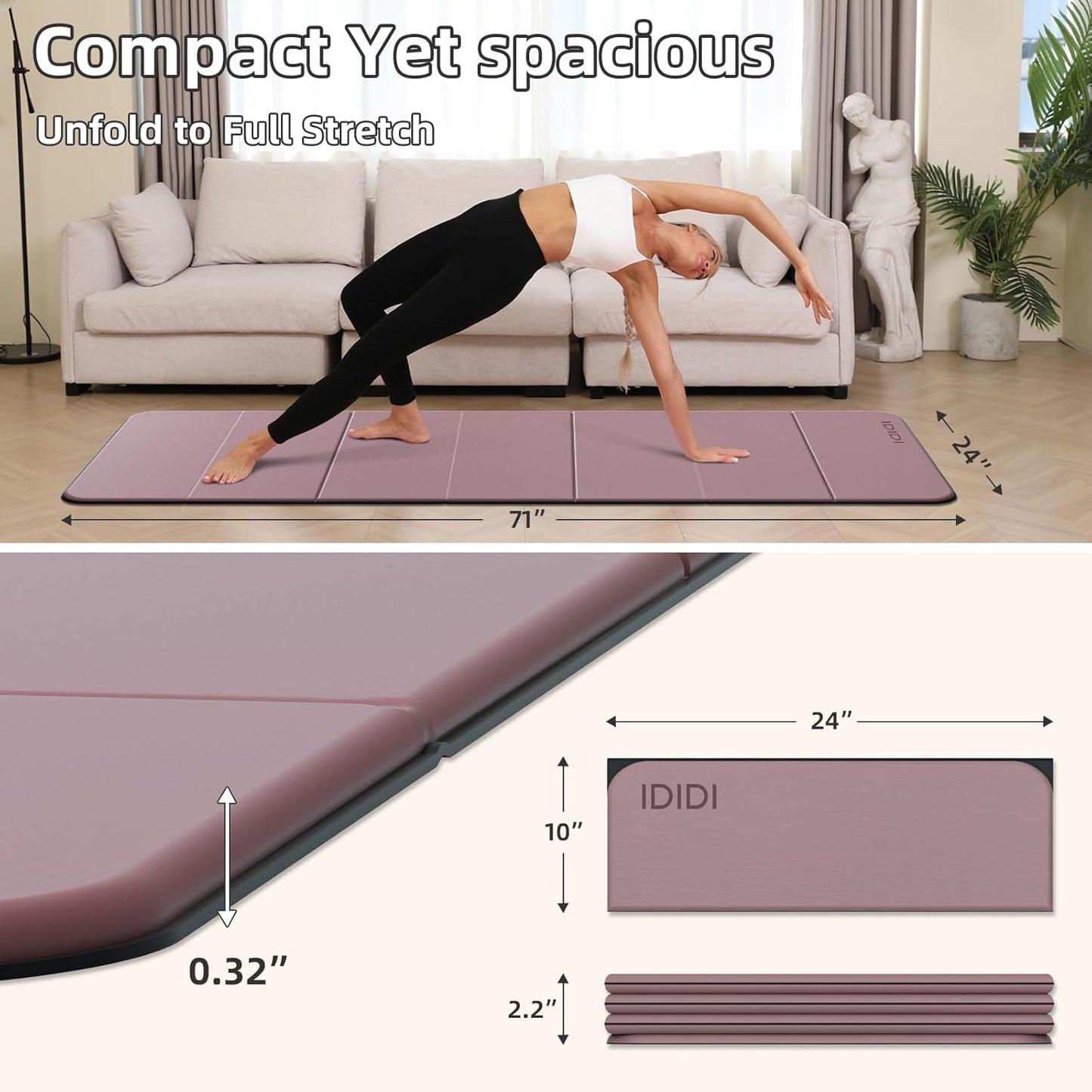 Foldable Yoga Mat Extra Thick 0.32 Inches Eco-Friendly POE Material, Non-Slip Design Fitness Mats, Multi-Purpose Workout Mats For Studio or Home Use (70 x 24 x 0.32 inches）