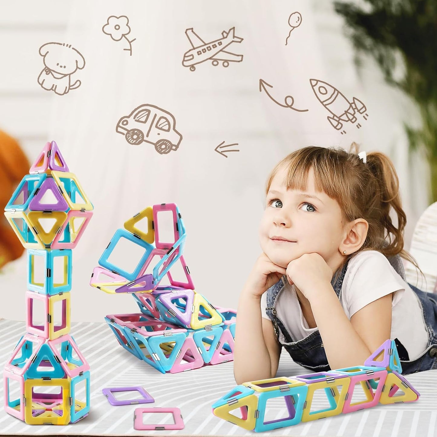 Magnetic Tiles 80pcs Magnet Building Blocks Set Creative Stacking Toys for Kids, 3D DIY Construction Kit Preschool Child Montessori Toys STEM Learning Toys Gifts for Girls Boys 3 4 5 6 7 Years