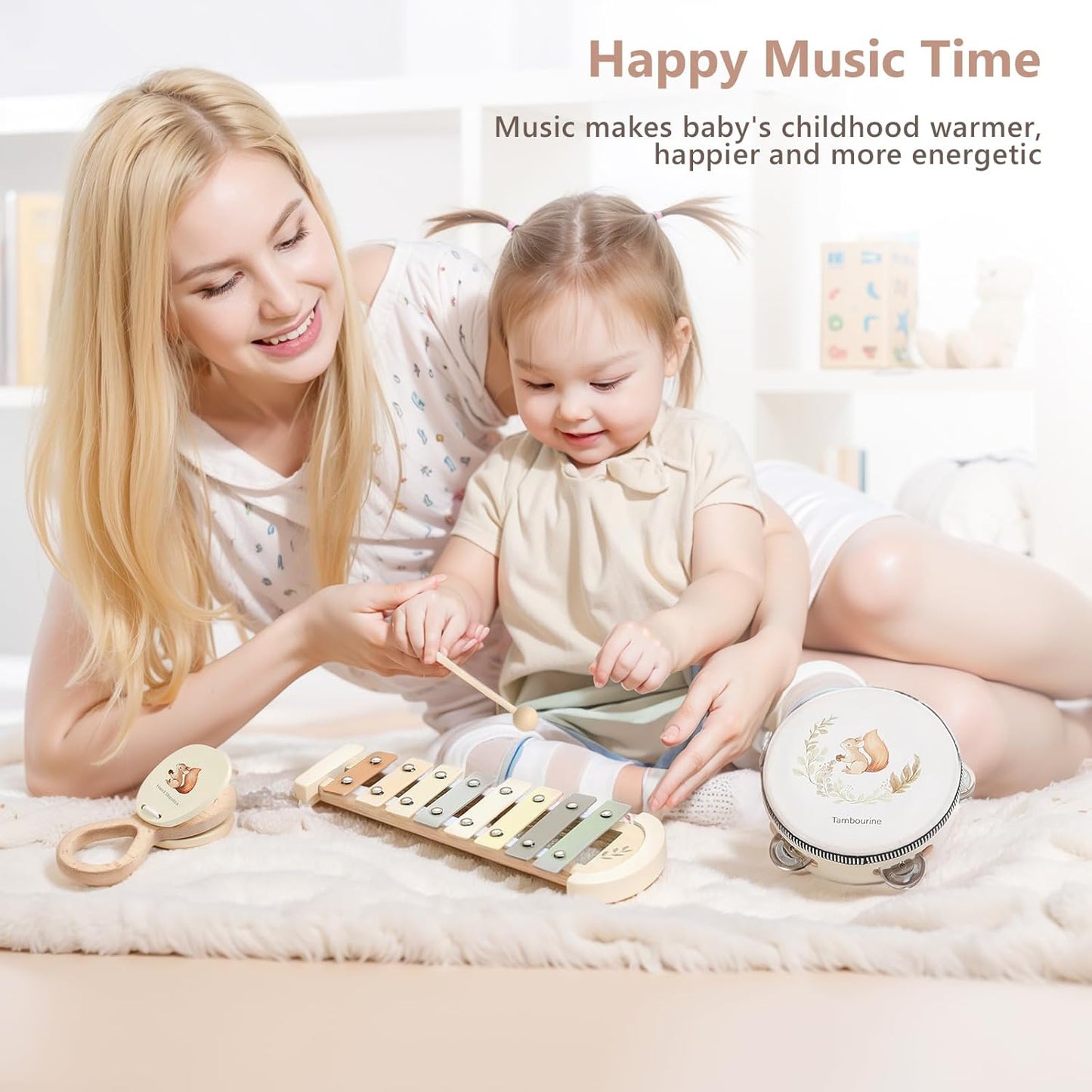 Baby Musical Instruments Set Wooden Montessori Musical Toys for Toddlers Neutral Colors Percussion Instruments Set with Modern Boho Xylophone Tambourine Educational Musical Toys for Preschool Kids