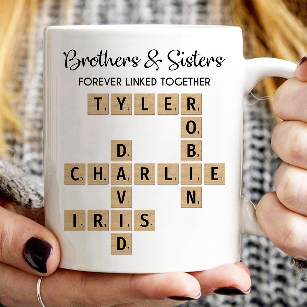 Family Forever Linked Together Custom Names Ceramic Mug, Crossword Puzzle Art, for Birthday, Anniversary or Special Occasions (Brothers & Sisters Forever Linked Together White Mug Ver 2)