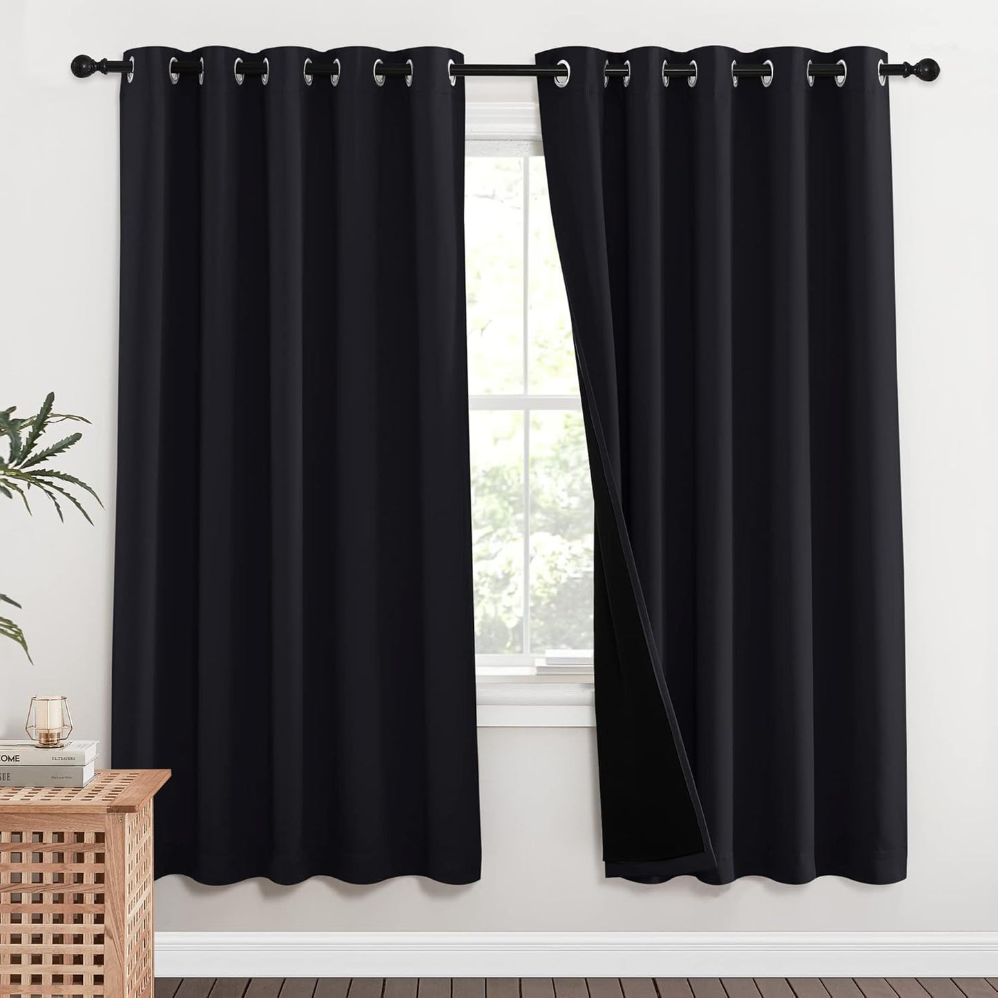 NICETOWN 100% Blackout Window Curtain Panels, Full Light Blocking Drapes with Black Liner for Nursery, 72 inches Drop Thermal Bedroom Drapes and Curtains (Black, 2 Pieces, 62 inches Wide Per Panel)