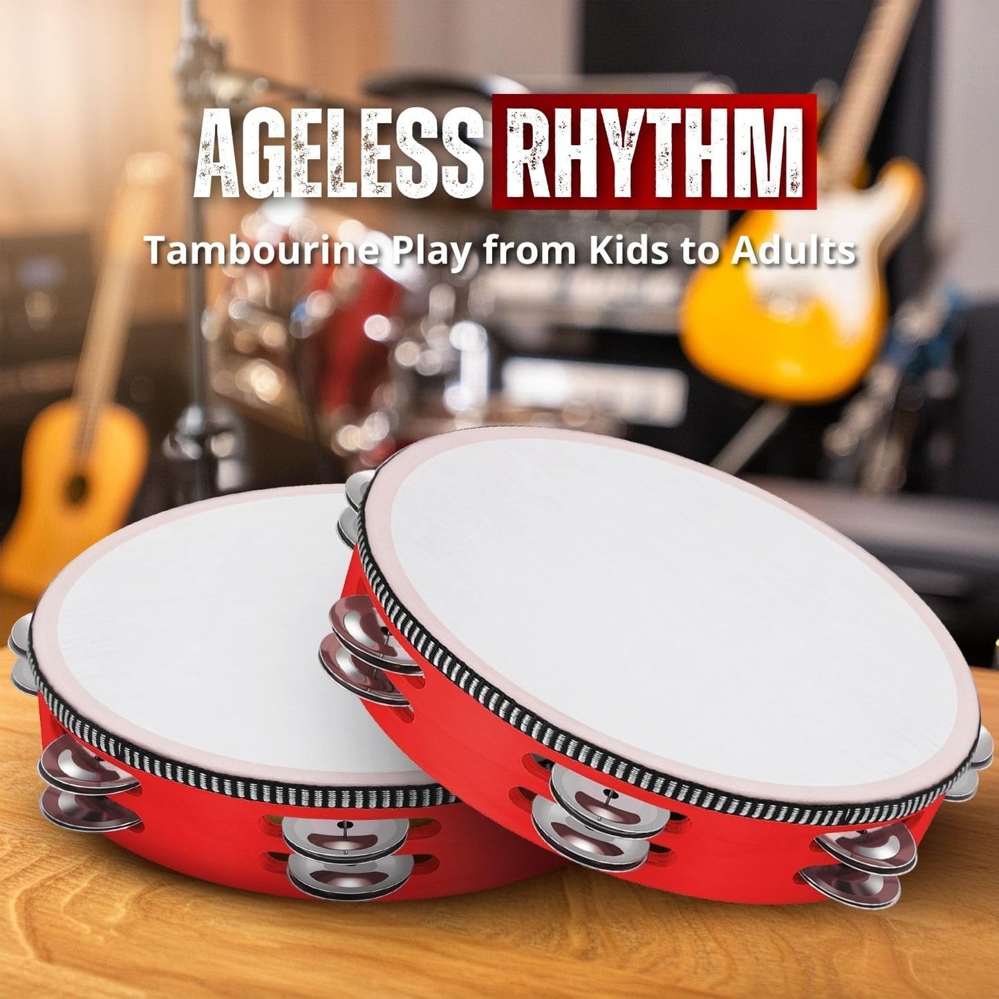 Flexzion Wood Handheld Tambourine (2 Pack) 8 Inch Double Row 12 Pair Jingles, Hand Held Percussion Drum Moon Musical Instrument with Metal Bell