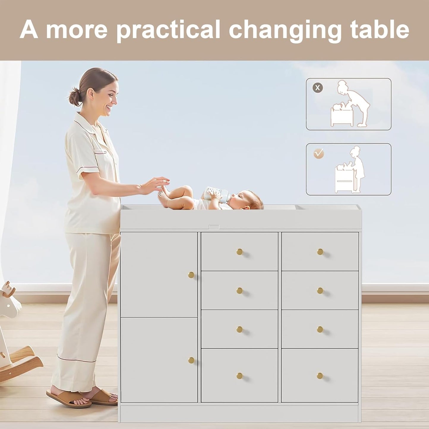 Changing Table Dresser with Drawers,Modern Baby Dresser with Changing Table Top for Nursery,Diaper Changing Station Organizer for Infants Newborn,White