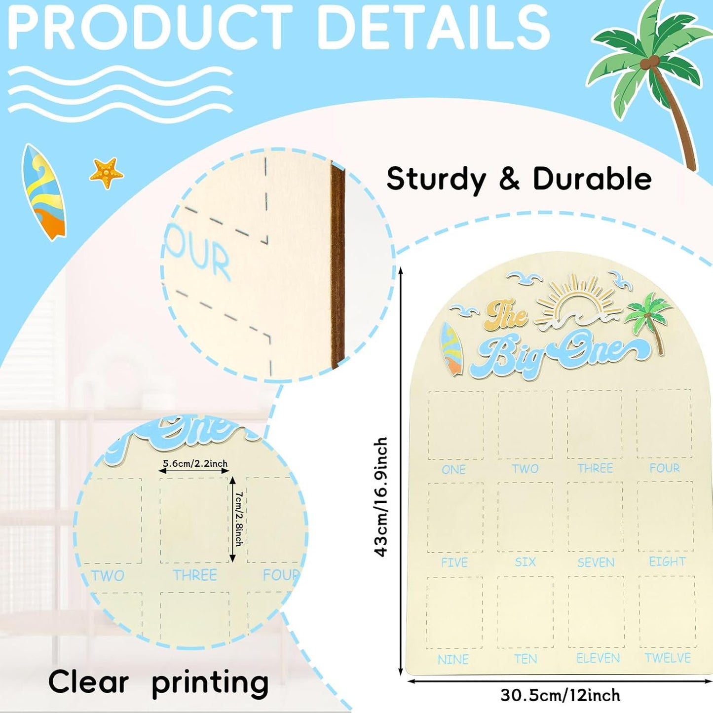 The Big One Photo Board Surf Birthday Party Wooden Board Decorations 12 Monthly Milestone Picture Frame One Year Old Wood Sign 1st Birthday Photo Banner for Baby Keepsake Gift Summer Beach Supplies