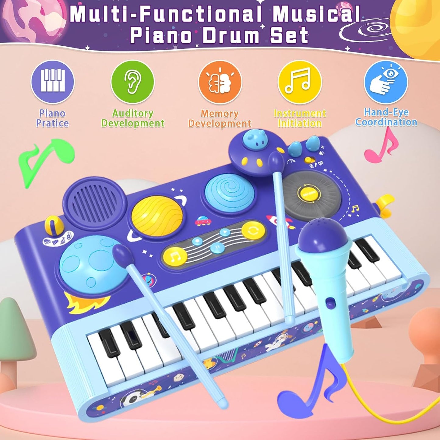 Mostop Toddler Musical Toys 5 in 1 Piano Keyboard Xylophone Drum with Microphone, DJ Table Instruments Learning Toys with Lights for Boys Girls Age 2-5, Kids Piano Drum Set Christmas Birthday Gift