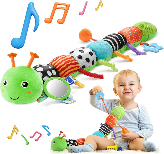 HEMRLY Baby Toys for 0-6 Months, Musical Plush Caterpillar Infant Sensory Toy with Baby Mirror&Crinkle Rattle,Pull String,Teething Toys, Tummy Time Newborn Gifts for 0-3-6-12 Boys Girls - Green Branch