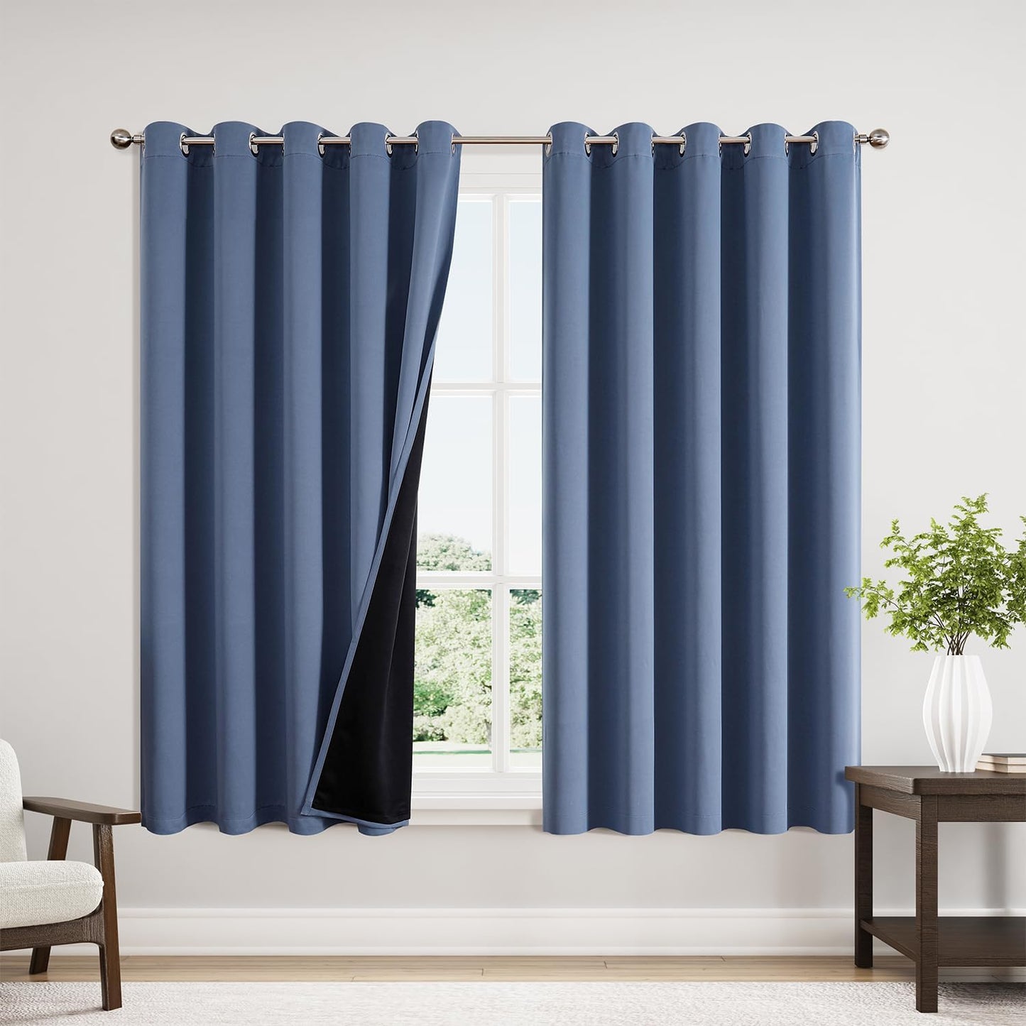 ChrisDowa 100% Blackout Curtains 63 inch Long for Bedroom with Black Liner, Extra Wide 2 Thick Layers Total Blackout Thermal Insulated Grommet Window Curtains 2 Panels Set (Stone Blue, 60 x 63 Inch)