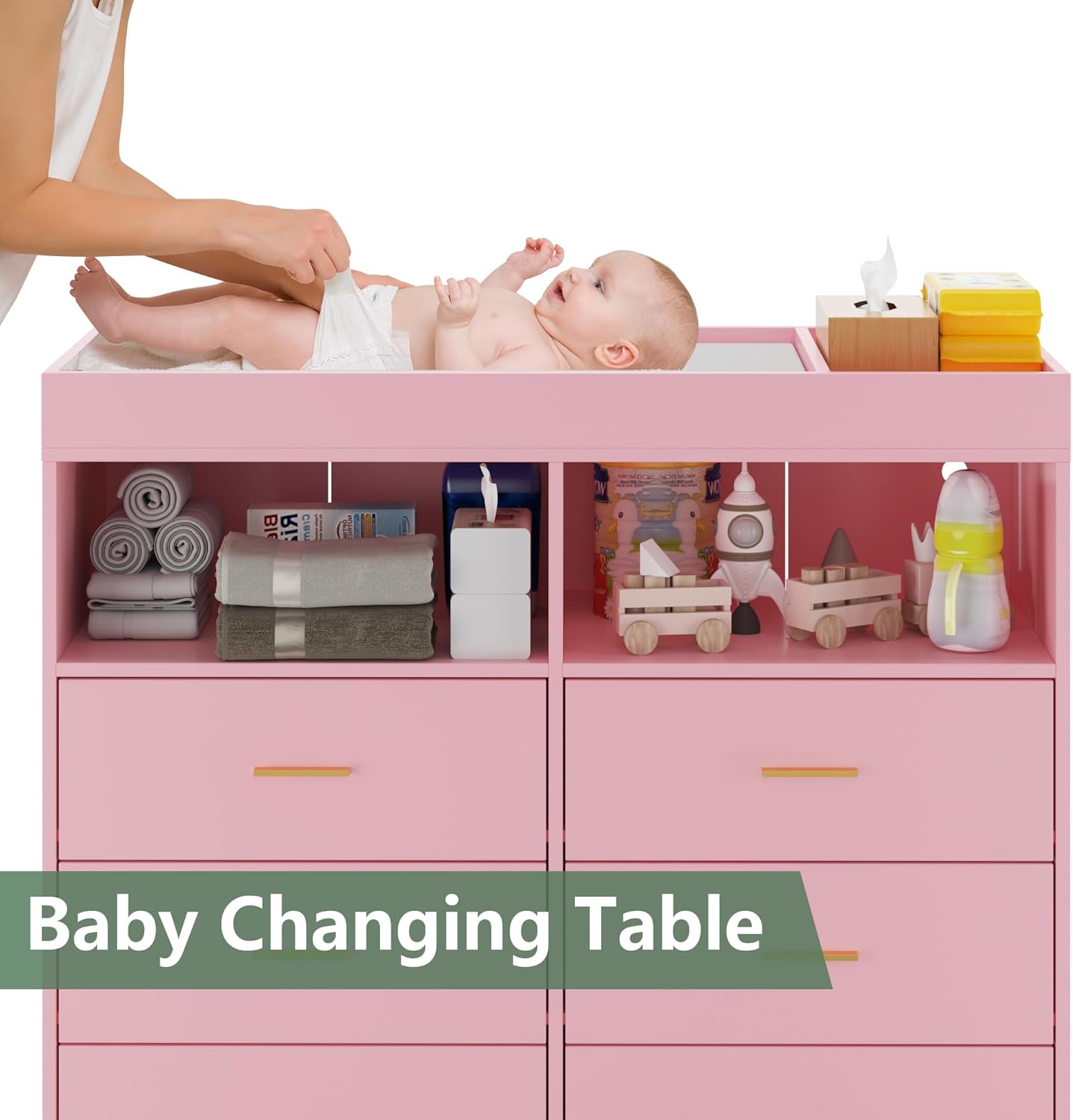 Changing Table Dresser with Drawers, Baby Dresser with Changing Table Top, Power Outlet, LED Light & Metal Feet, Diaper Changing Station Nursery Organizer for Infants Newborn, Pink