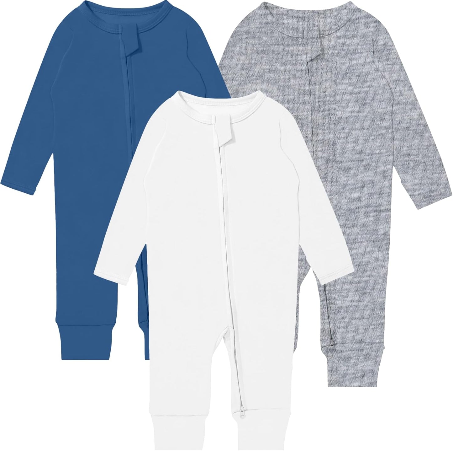 GUISBY Long Sleeve Cotton Pajamas Footless Baby Bodysuits with Zipper and Mittens 3-Pack for Boys Girls