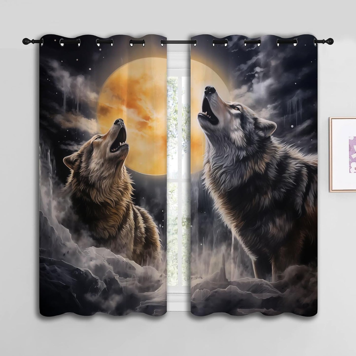Fantasy Wolf Blackout Curtains for Boys Girl Bedroom Decor,Full Moon Starry Sky Wildlife Retro Thermal Insulated Grommet Drapes Darkening Window Curtain for Living Room Home 42x45 inch