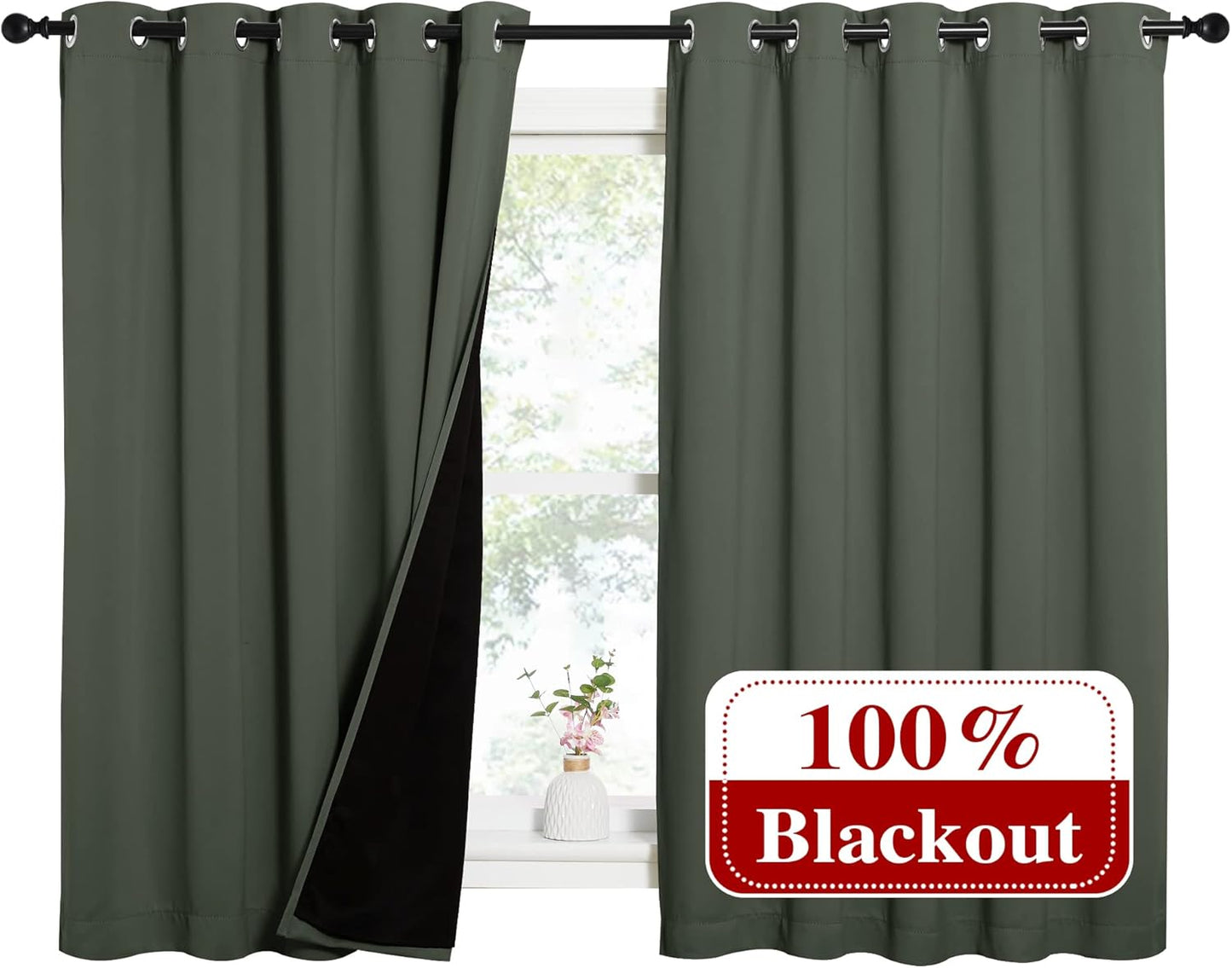 NICETOWN Dark Mallard 100% Blackout Lined Curtains, 2 Thick Layers Completely Blackout Window Treatment Thermal Insulated Drapes for Kitchen/Bedroom (1 Pair, 62" Width x 63" Length Each Panel)