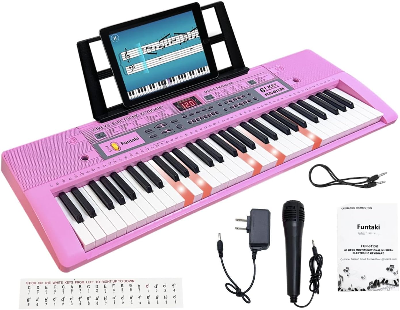 61 Key Electronic Keyboard Piano with Lighted Up Keys, Musical Mini Piano Keyboard with Sheet Music Stand Mircophone, Digital Portable Keyboards for Beginners Kids Adults, Pink