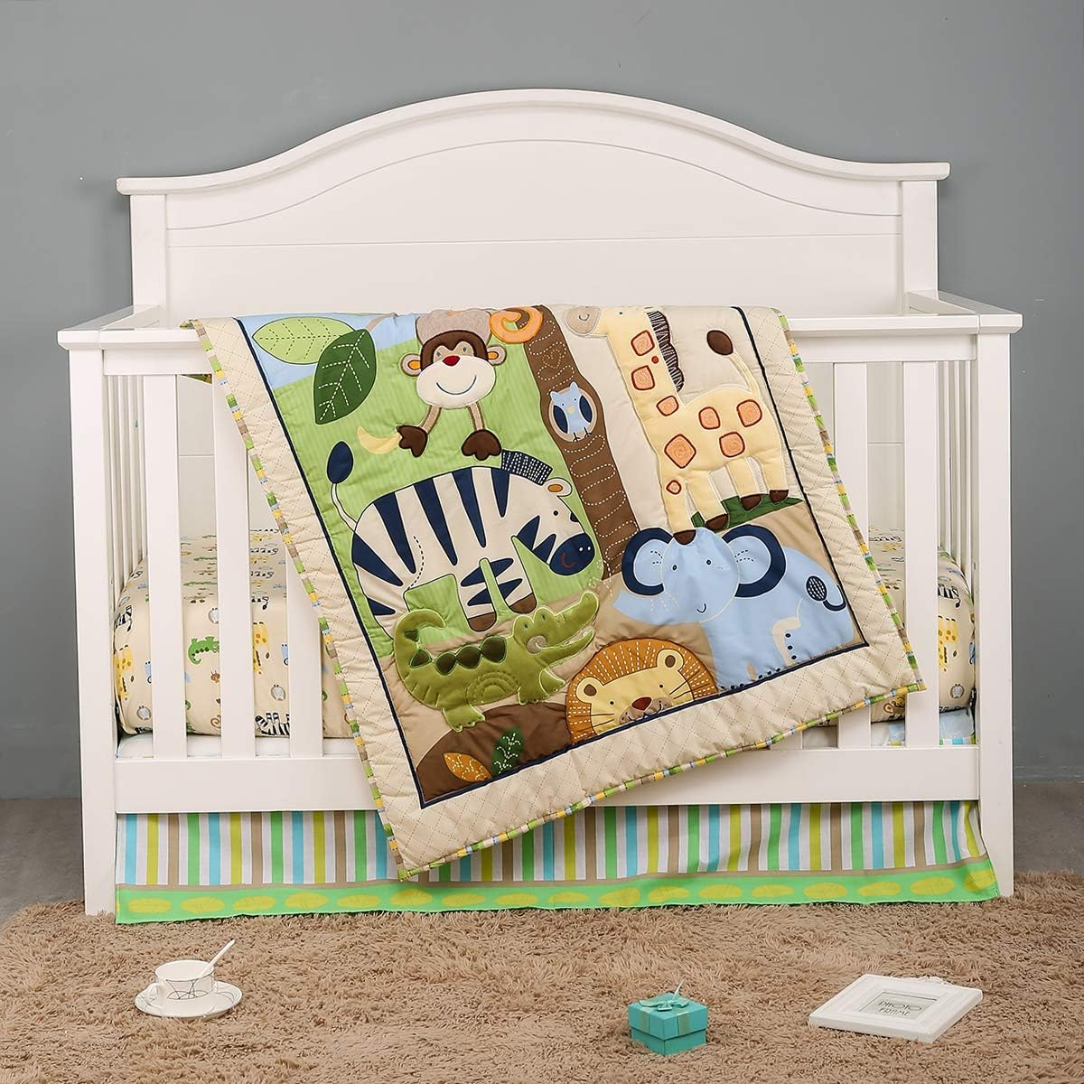Brandream Jungle 3- Piece Nursery Crib Bedding Sets for Boys - Zebra Elephant Lion Monkey Giraffe Crocodile Birds - Playful Animal Zoo