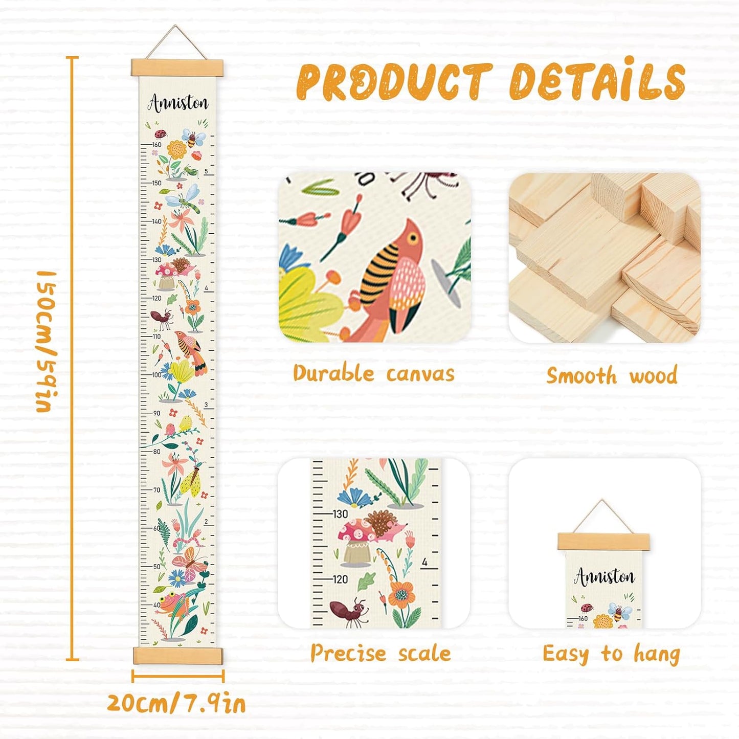 Personalized Name Growth Chart for Wall, Flower Birds Canvas Height Chart for Kids Baby Child Toddler Boys Girls, Canvas&Wood Growth Chart for Wall Room Nursery Decor,Easy Care