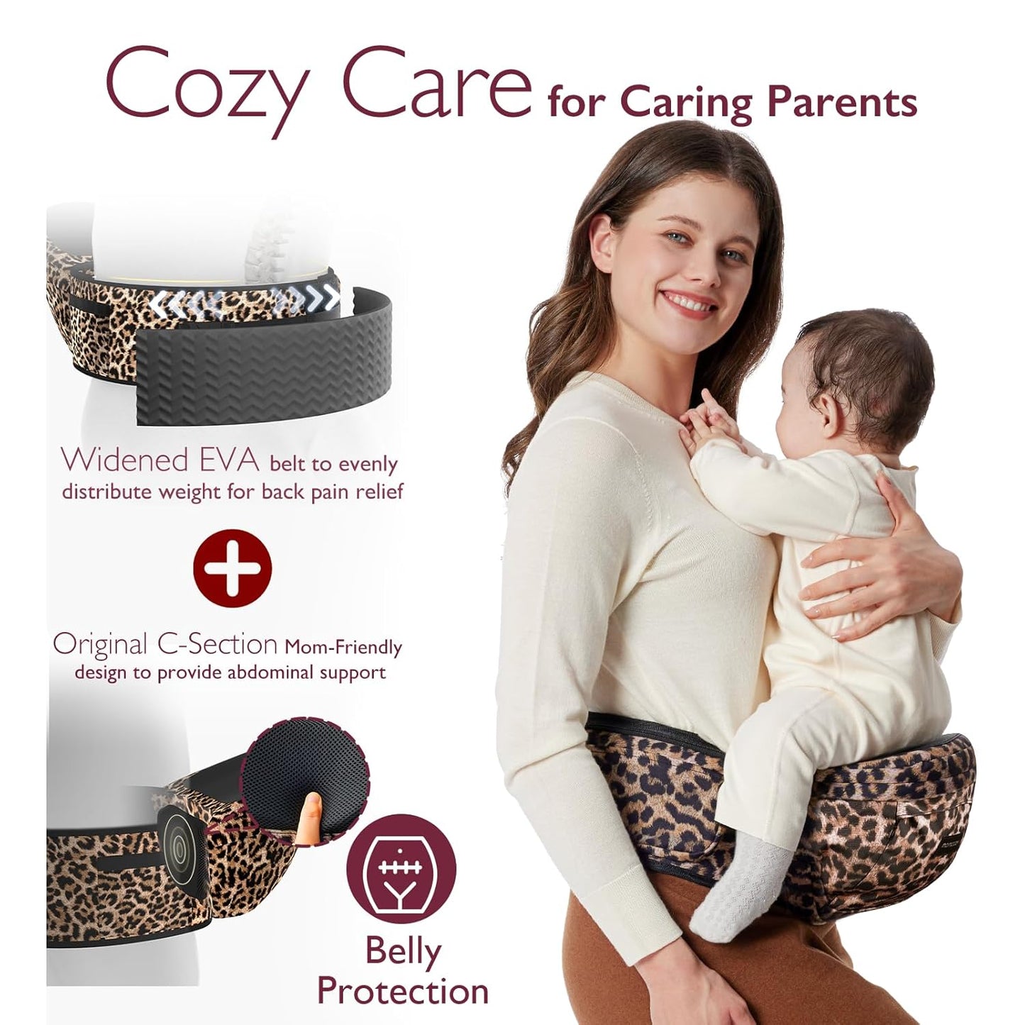 Momcozy Hip Seat Baby Carrier - Adjustable Waistband with Original 3D Belly Protector, Ergonomic Carrier with Various Pockets for Newborns & Toddlers up to 45lbs (Leopard, Large)