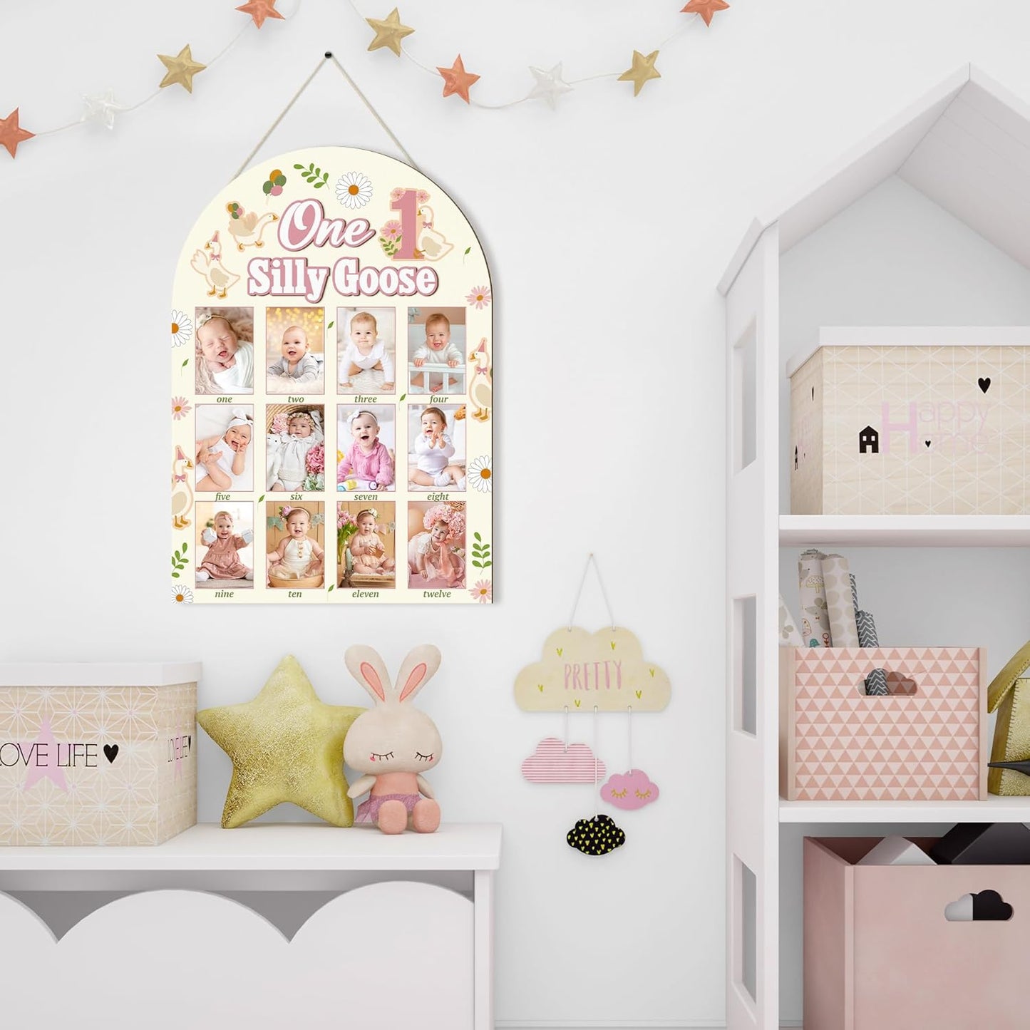 R HORSE My First Year Photo Frame Board, 3D One Silly Goose Birthday Decorations Display Wood Board, Baby First Year Picture Frame 12 Months Milestone 1st Birthday Nursery Decor Gift for Boy Girl