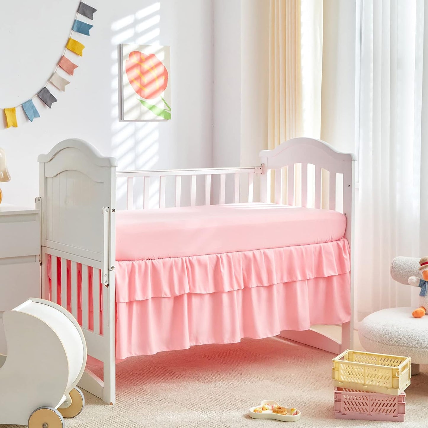 Tufted Ruffle Crib Bedding Set 3 Pieces Baby Boho Quilted Comforter with Fitted Sheet and Bed Skirt - Cute Ruffled Shabby Chic Baby Bedding Soft Blanket Design Pink