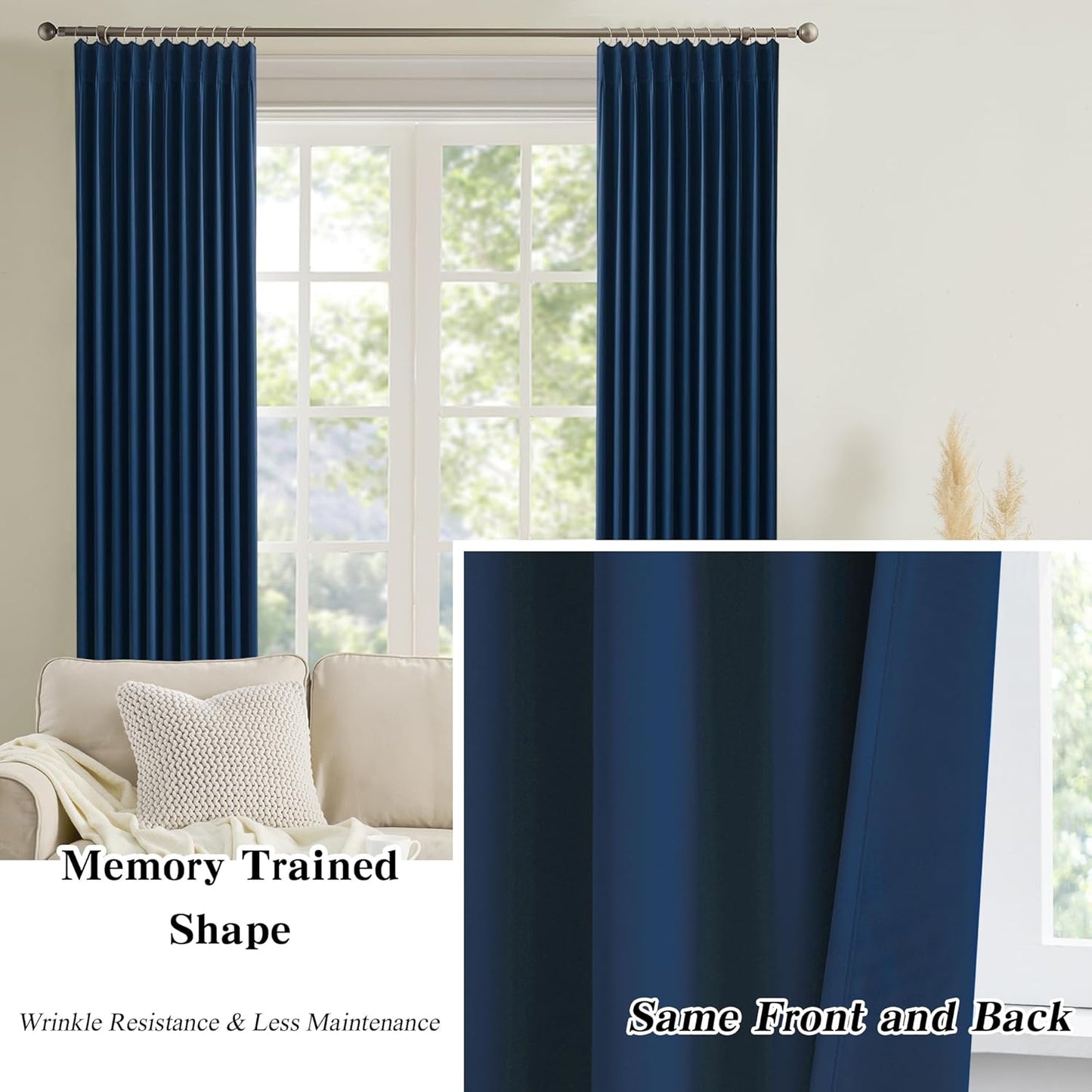 KEQIAOSUOCAI Navy Pleat Wide Width Drapes 80 x 102 inch Long 2 Panels - Thermal Insulated Room Divider Curtains for Bedroom/Living Room/Patio, Pinch Pleated Curtain Panel with Hooks