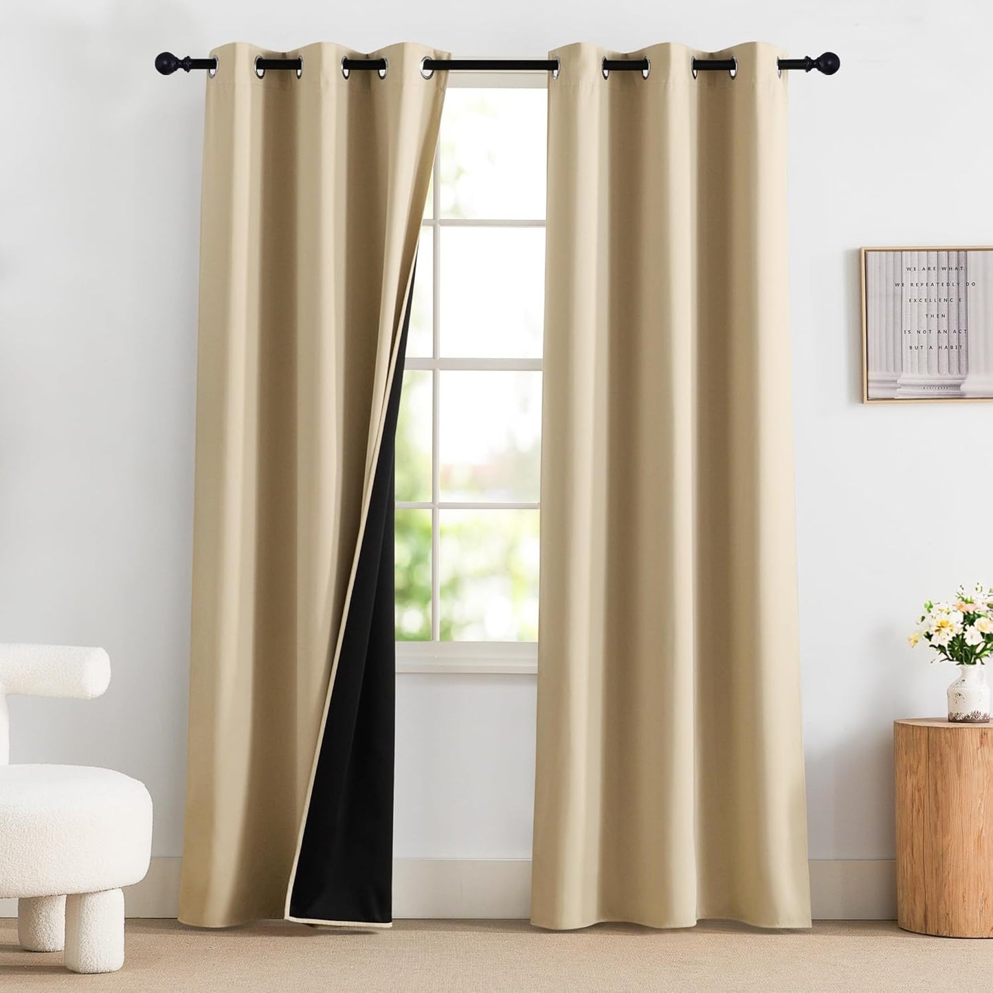 NICETOWN Farmhouse Curtains Thermal Insulated 100% Blackout Drapes Window Treatment Long Grommet Light Blocking Curtain for Living Room Bedroom, 2 Panels, 42 x 84 inch Length, Biscotti Beige