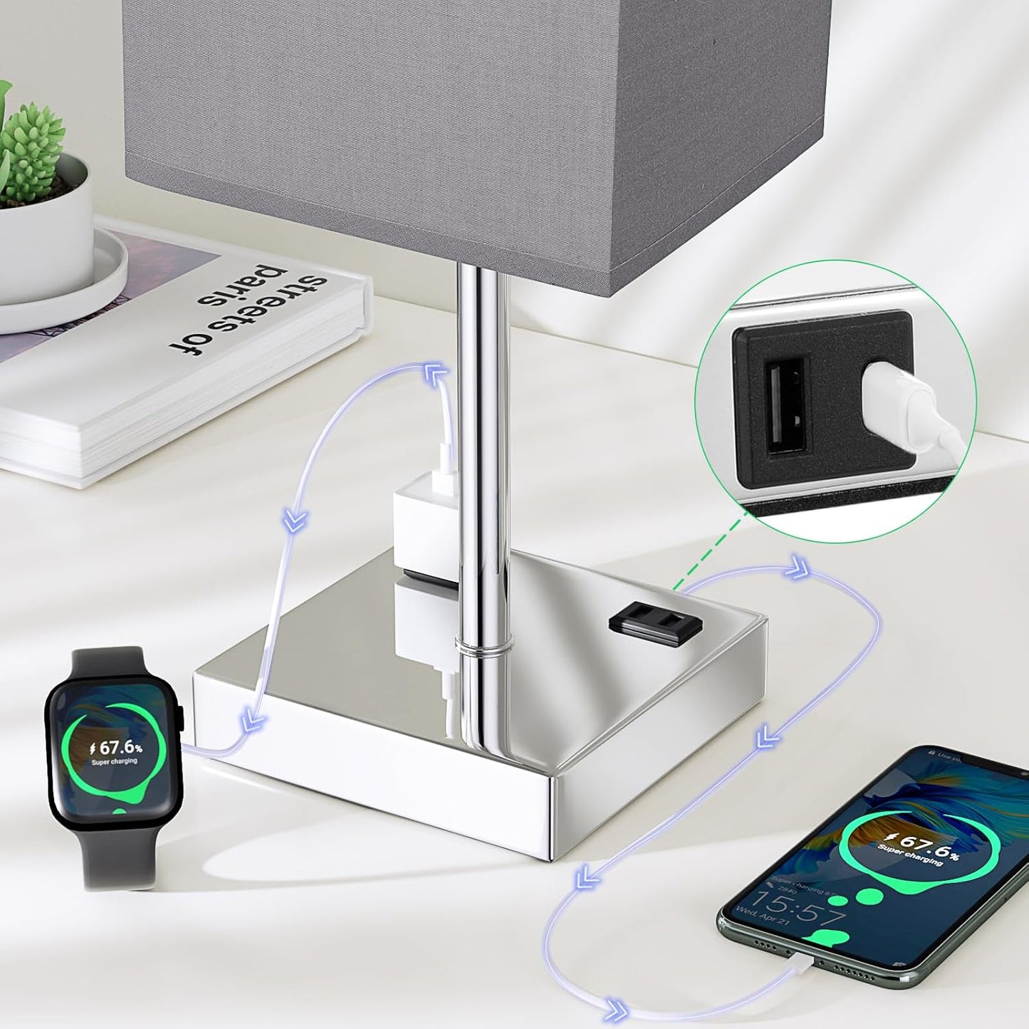 Touch Bedside Table Lamp For Nightstand - 3-Way Dimmable Night Lamp with USB A + Type C Charging Ports and two AC Outlets, Small Desk Light with E26 LED Bulb for Bedroom Living Room, GREY PLUS