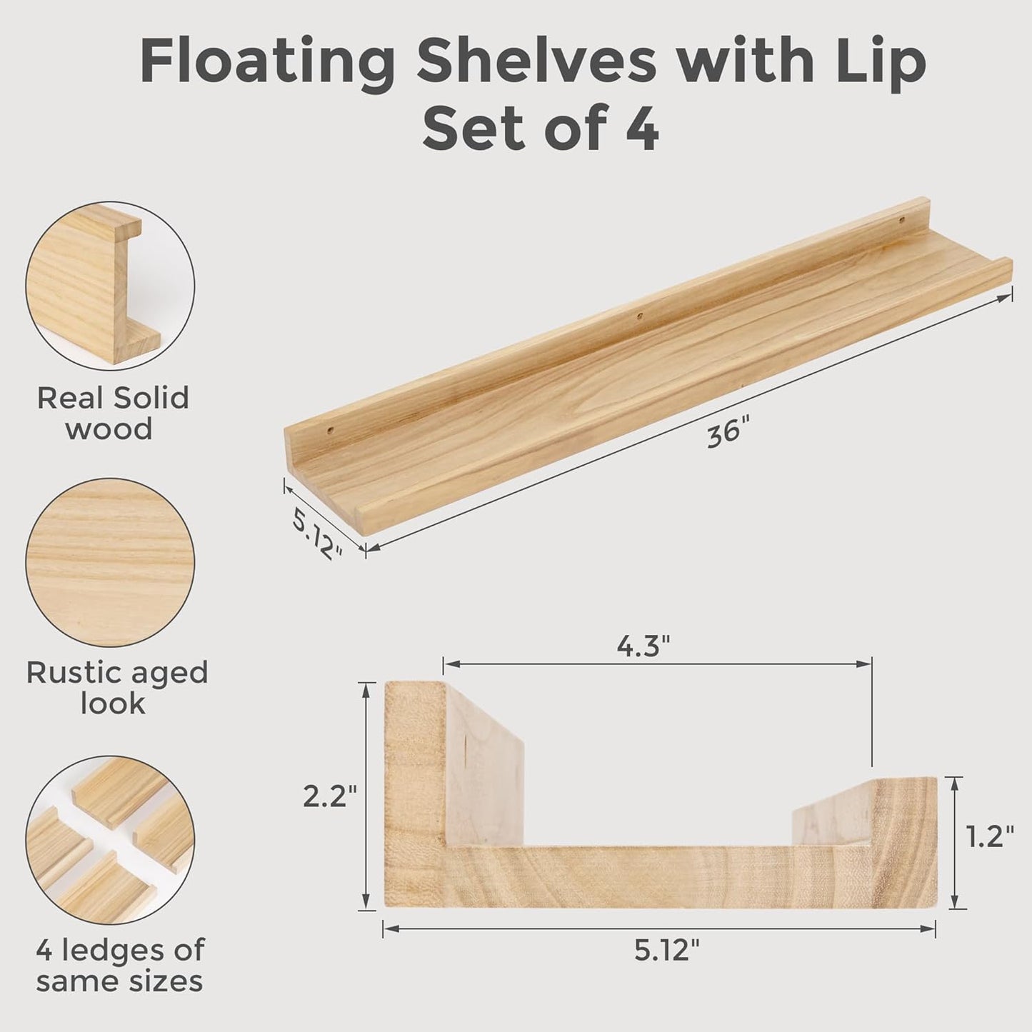 Picture Ledge Shelf, Floating Shelves Set of 4, 36 Inches Nursery Book Shelves for Toys Storage, Kids Bookshelf Wall Mounted for Living Room Bedroom Decor Books Photo Frames, Natural