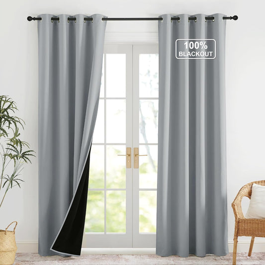 NICETOWN Grey Blackout Curtains for Bedroom 52 X 84 Inch Long 2 Panels Set Light Room Darkening Plylux Drapes for Living Room, Soundproof Thermal Insulated Grommet Window Treatment
