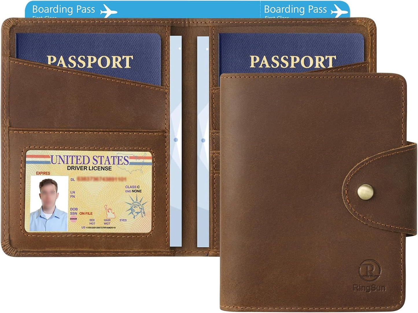 Ringsun Leather Passport Wallet for Men Women, RFID Passport Holder Case Travel Passport Cover for Family