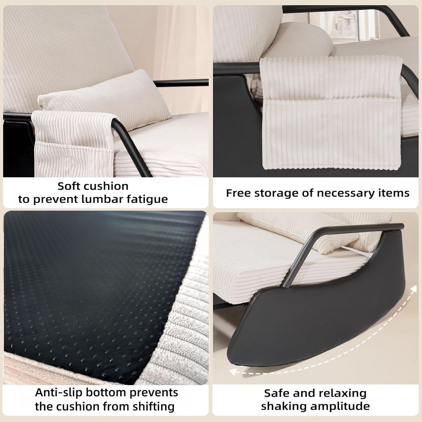 Rocking Chair for Nursery, Modern Upholstered Plush Seating Glider Recliner Chair with High Backrest and Side Pocket, Accent Armchair with Cushions for Living Room/Reading (Beige)