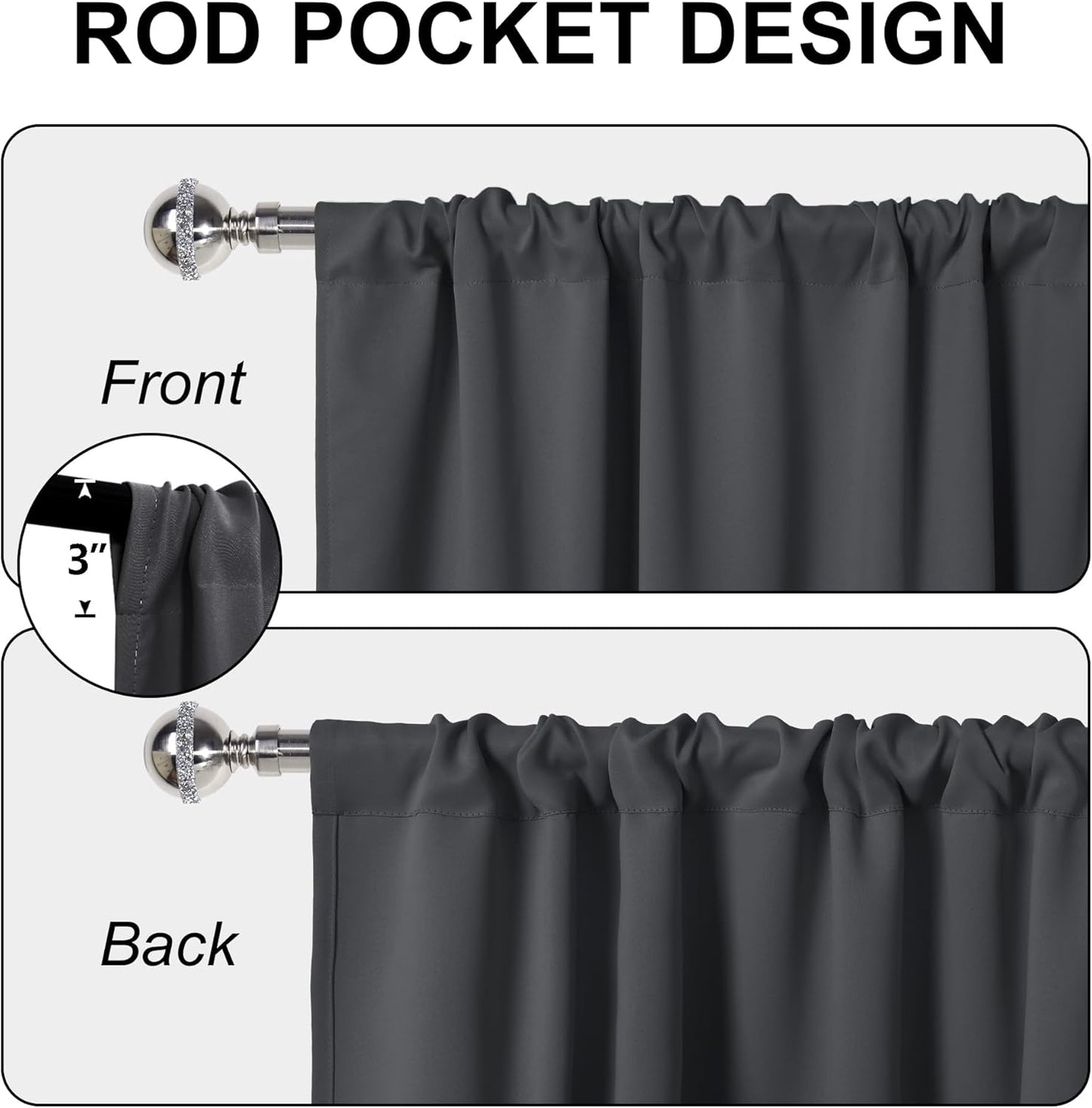 XWZO Blackout Curtains for Bedroom 63 inch Length Room Darkening Thermal Insulated Rod Pocket Curtains for Living Room with Tiebacks,Dark Grey,W42 x L63,Set of 2